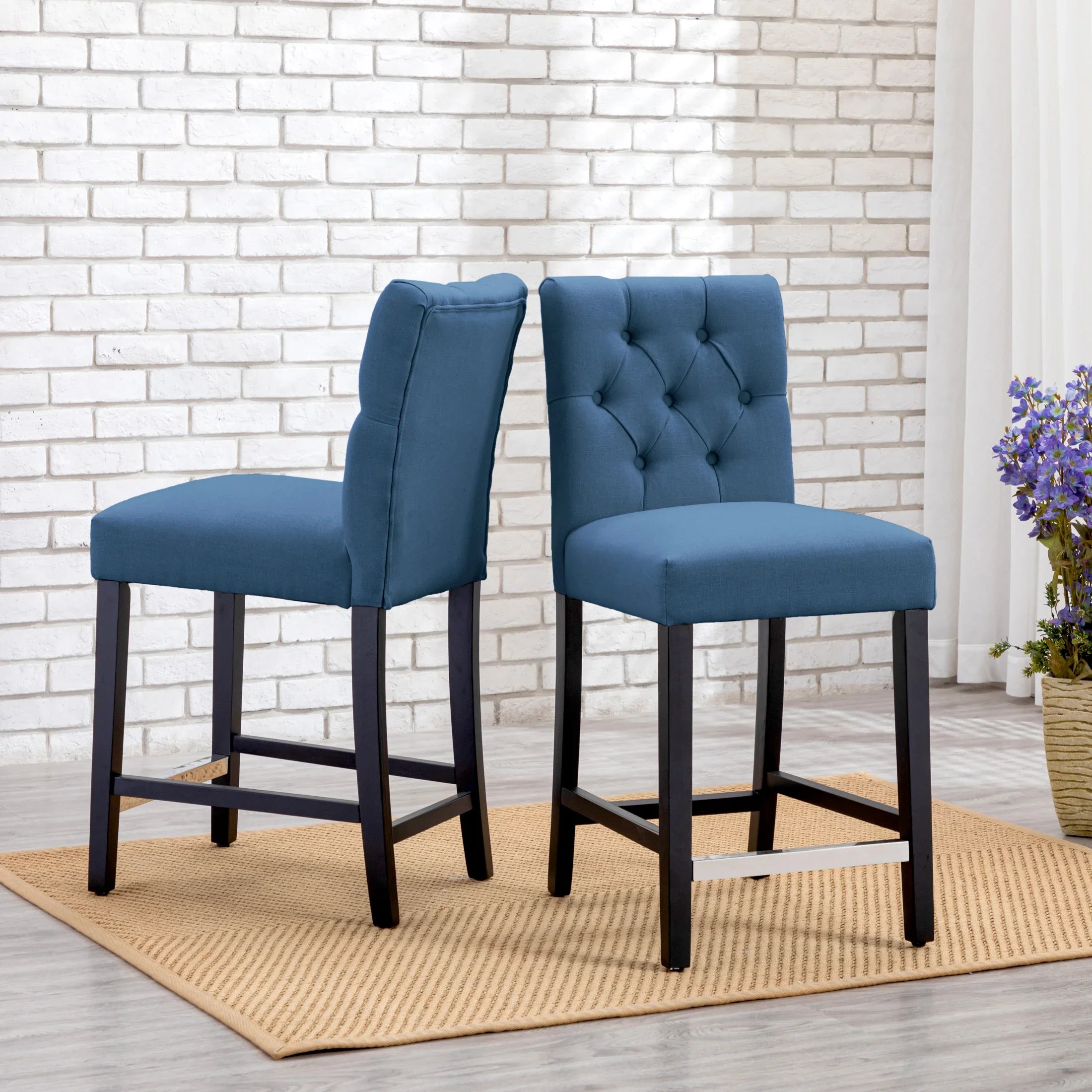 Bellmount 24" Linen Fabric Tufted Bar Stool (Set of 2),Black
