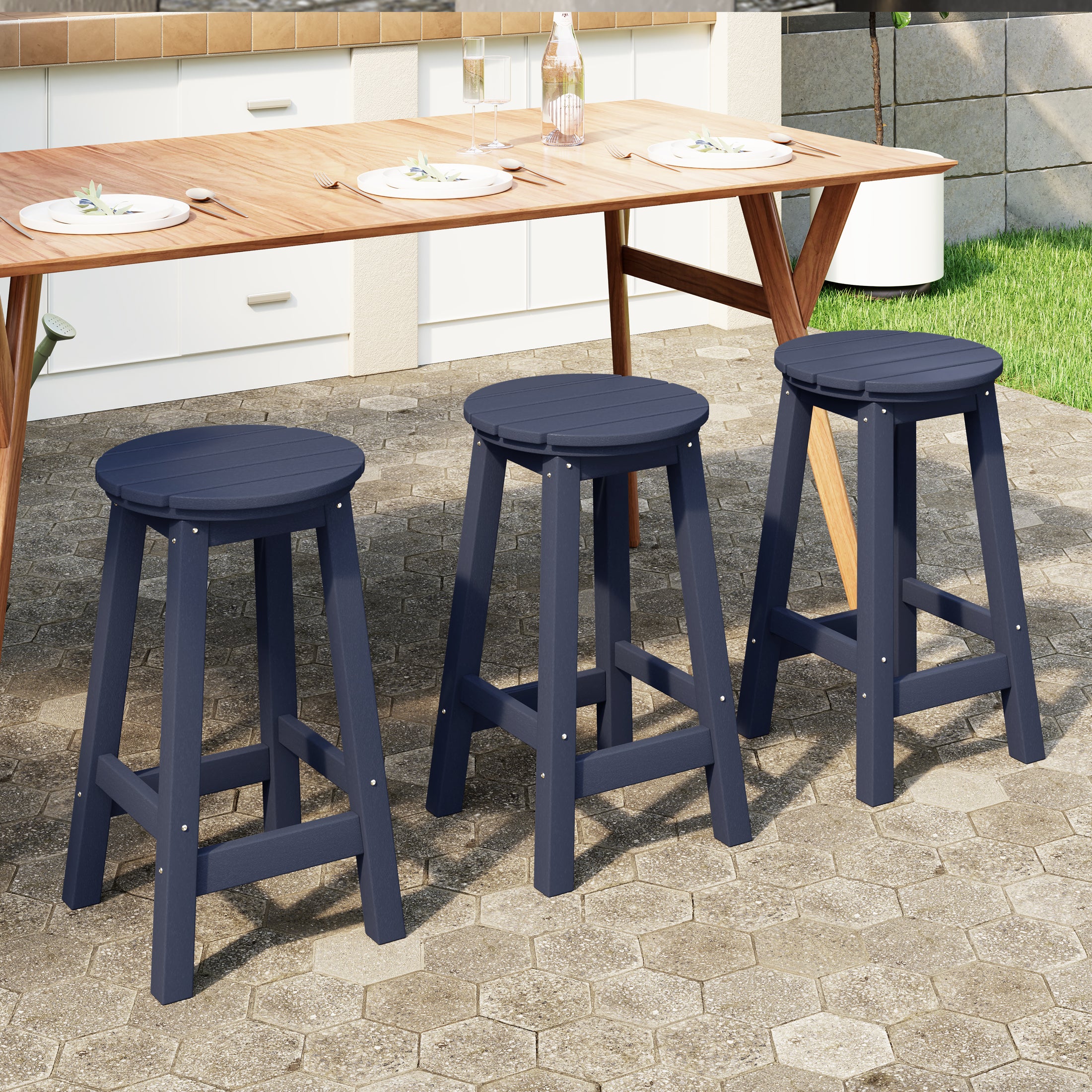 Paradise 24" HDPE Outdoor Patio Round Counter Height Bar Stool Set of 3