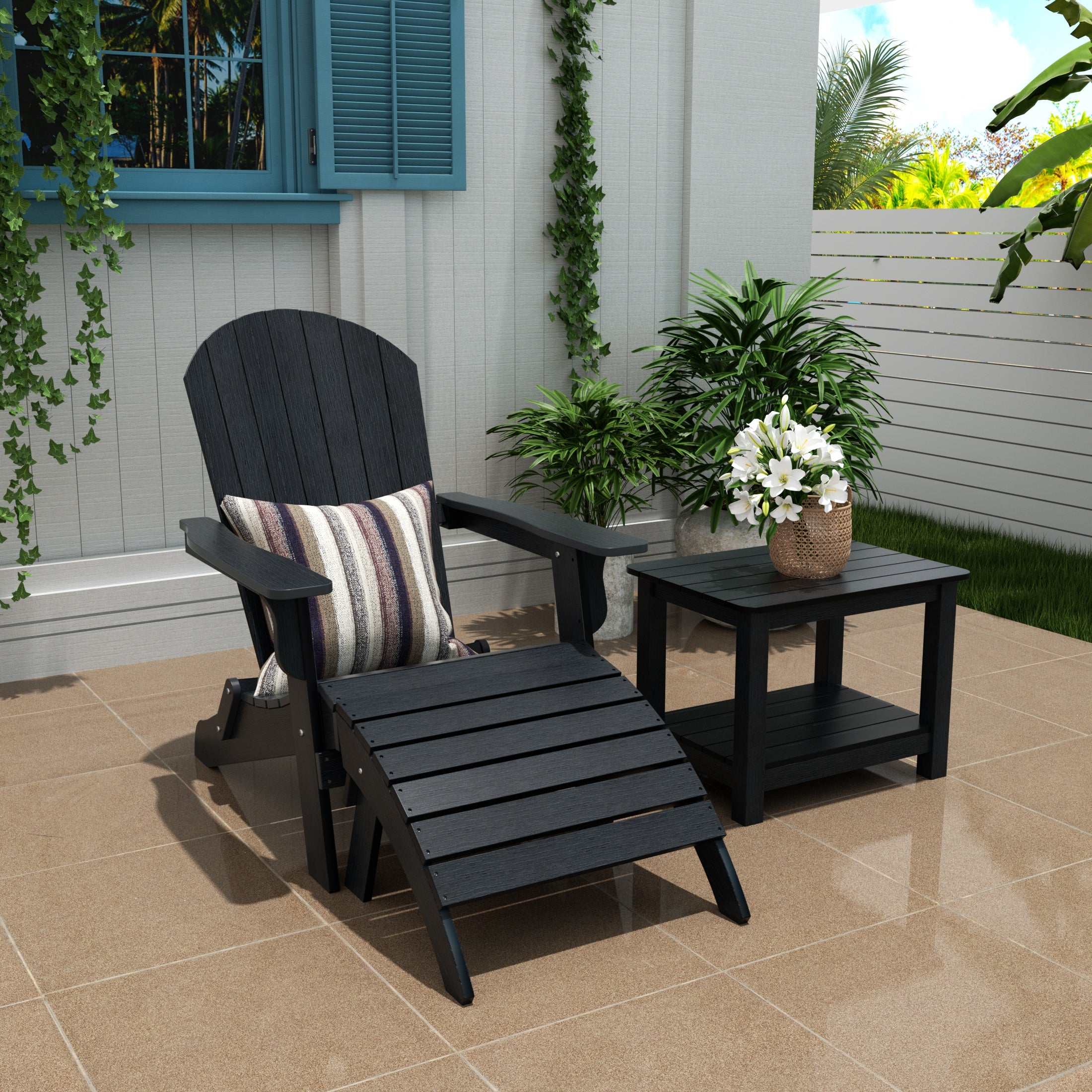 Florence 3-Piece HIPS Outdoor Folding Adirondack Seashell Chair With Folding Ottoman And Side Table