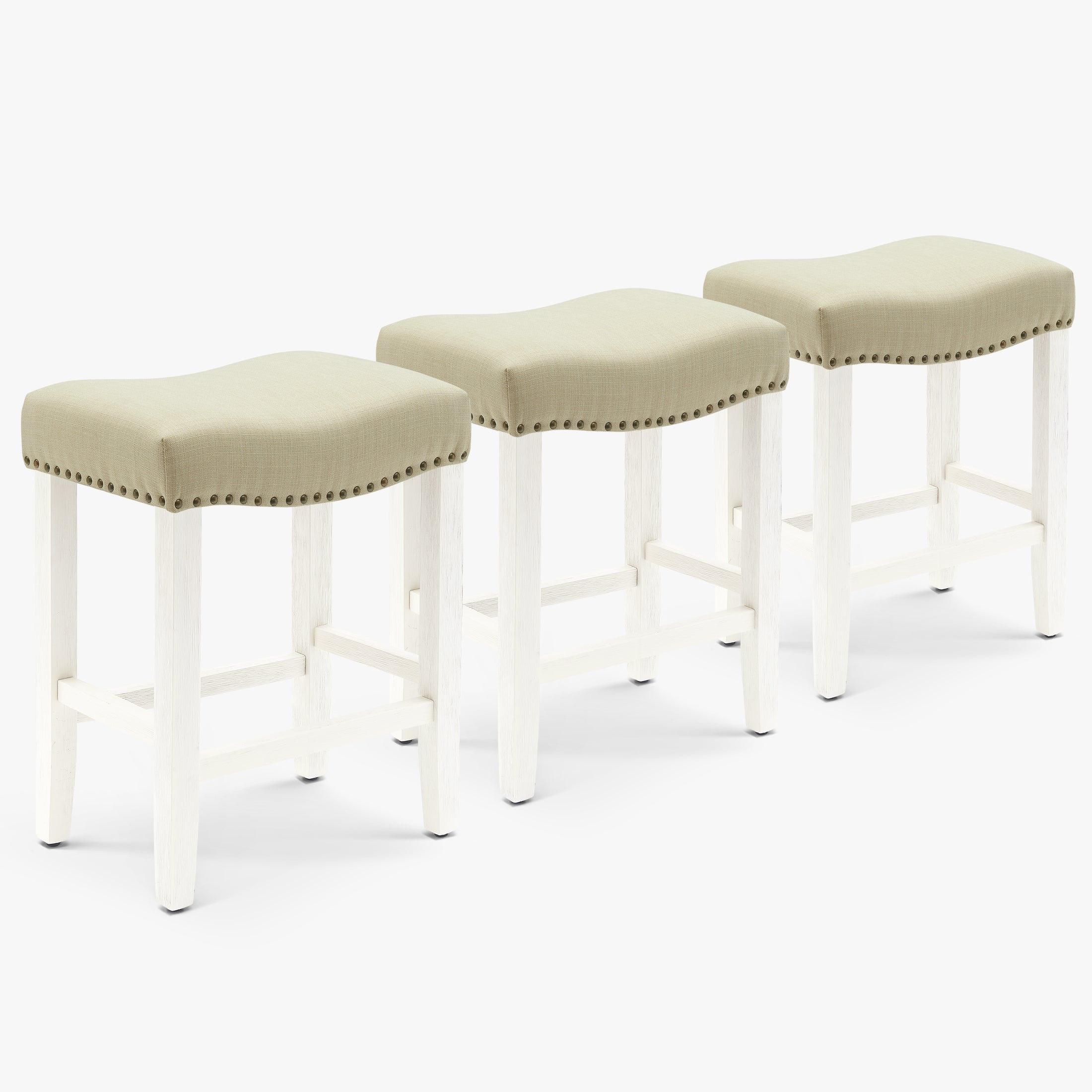 Bulmon 24" Upholstered Saddle Seat Antique White Counter Stool (Set of 3)