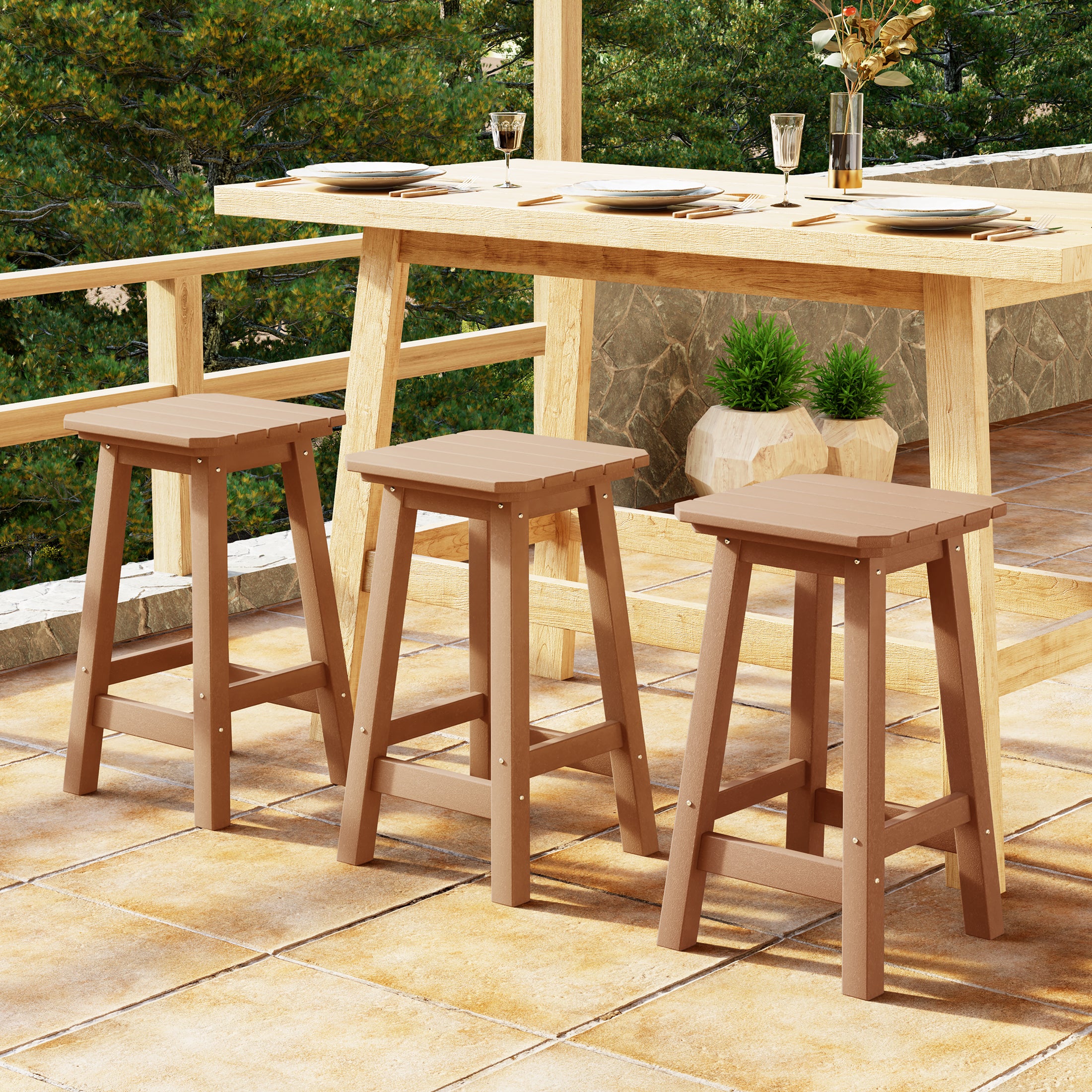 Paradise 24" HDPE Outdoor Patio Counter High Backless Square Bar Stools Set of Three