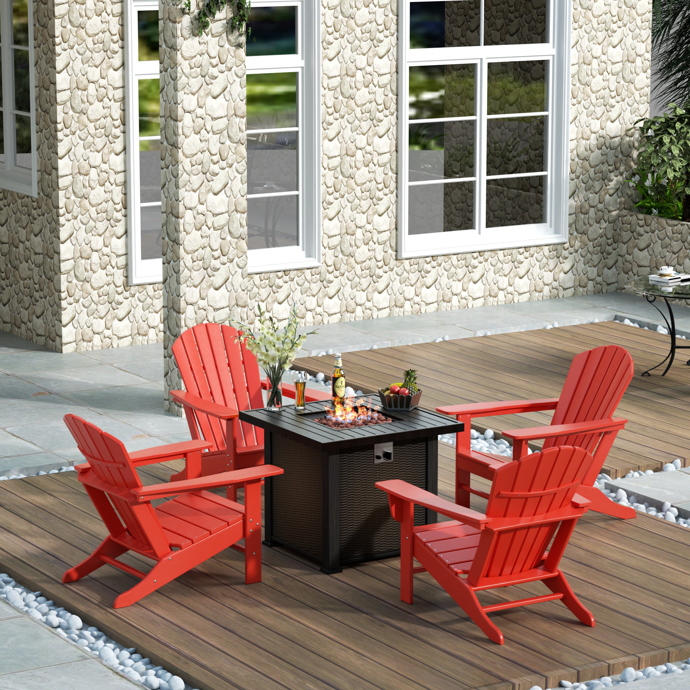Portside Dylan Outdoor Patio Adirondack Chair With Square Fire Pit Table Sets