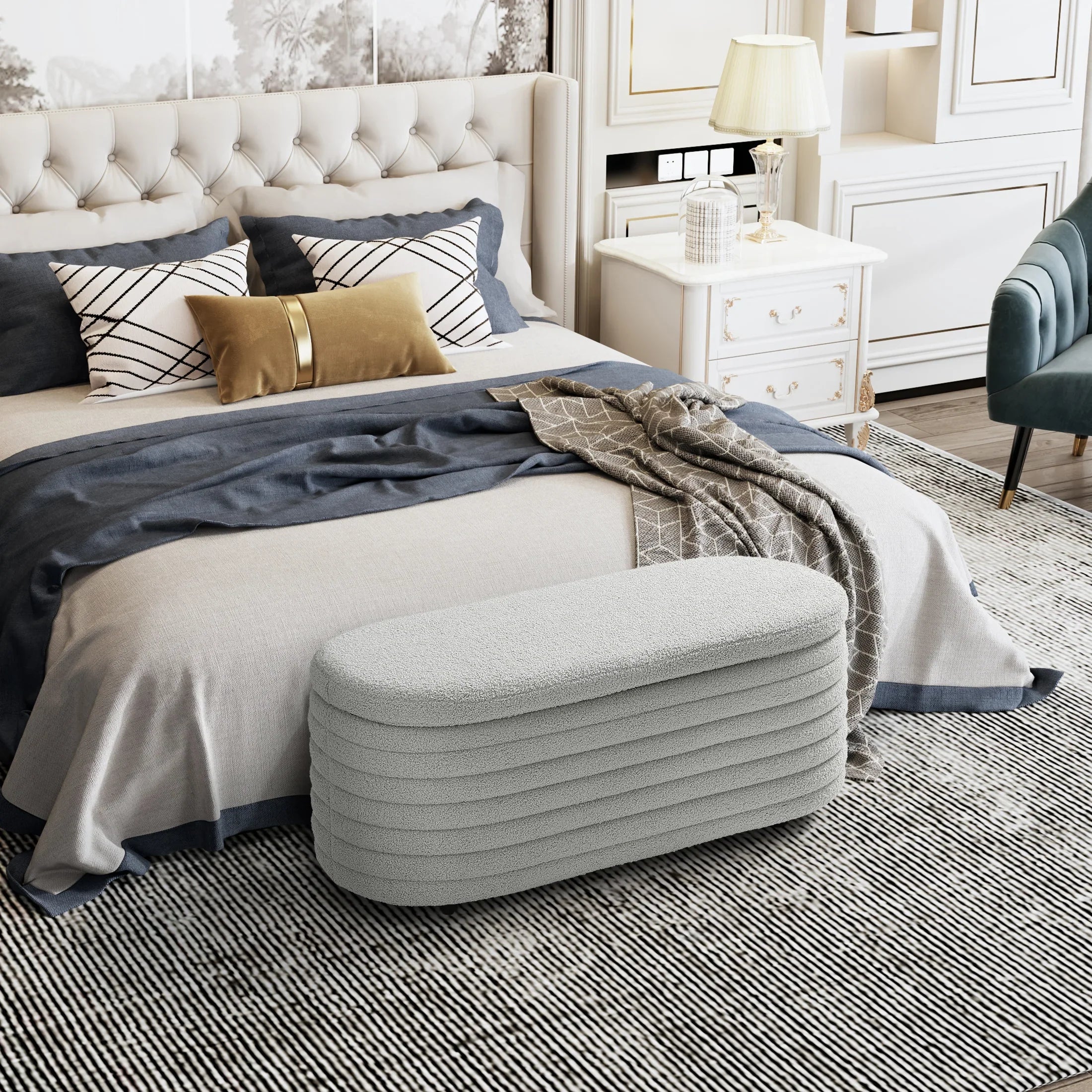 Celine 42" Wide Mid-Century Modern Upholstered Teddy Sherpa Tufted Oval Storage Ottoman Bench
