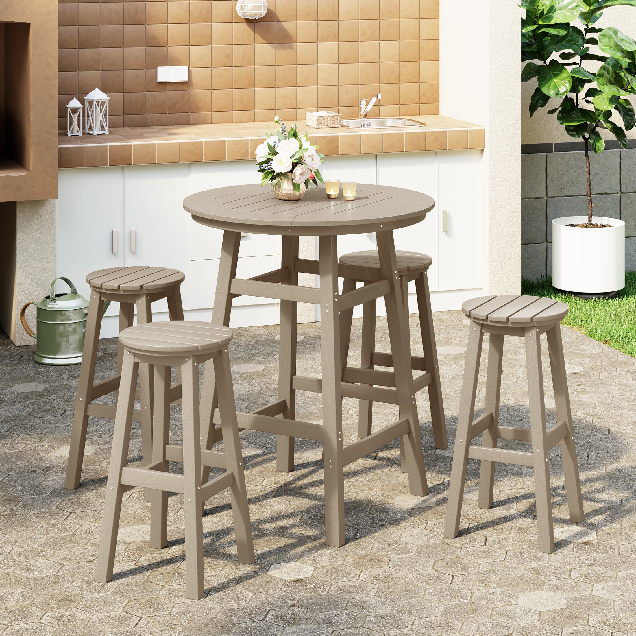 Paradise 5-Piece HDPE Outdoor Patio Dining Bar Bistro Table Set with Bar Stools