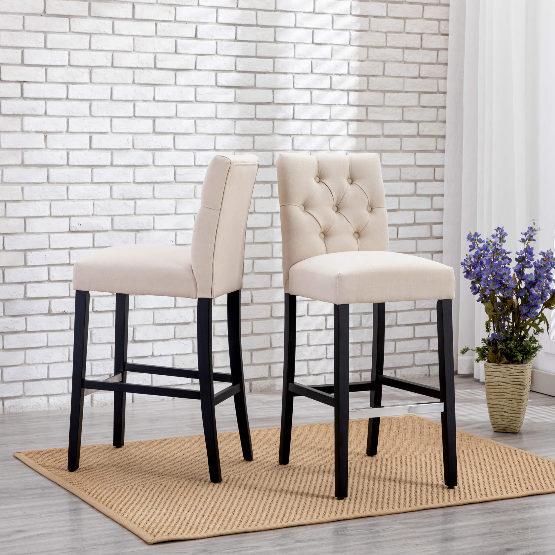 Bellmount 29" Linen Fabric Tufted Bar Stool (Set of 2),Black