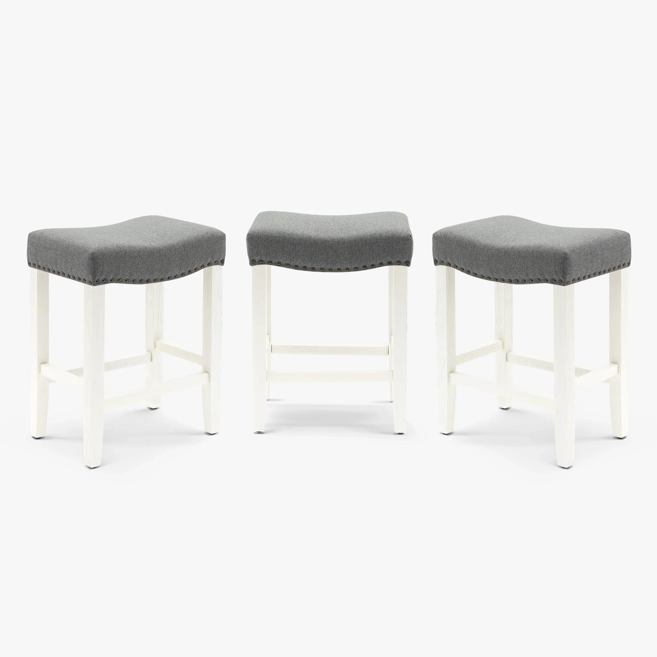 Bulmon 24" Upholstered Saddle Seat Antique White Counter Stool (Set of 3)