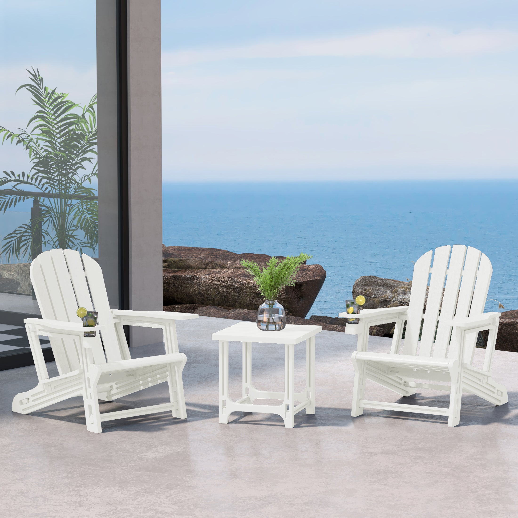 Cayman 3-Piece HDPE Plastic Adirondack Patio Chairs With 18" Square Side Table Set