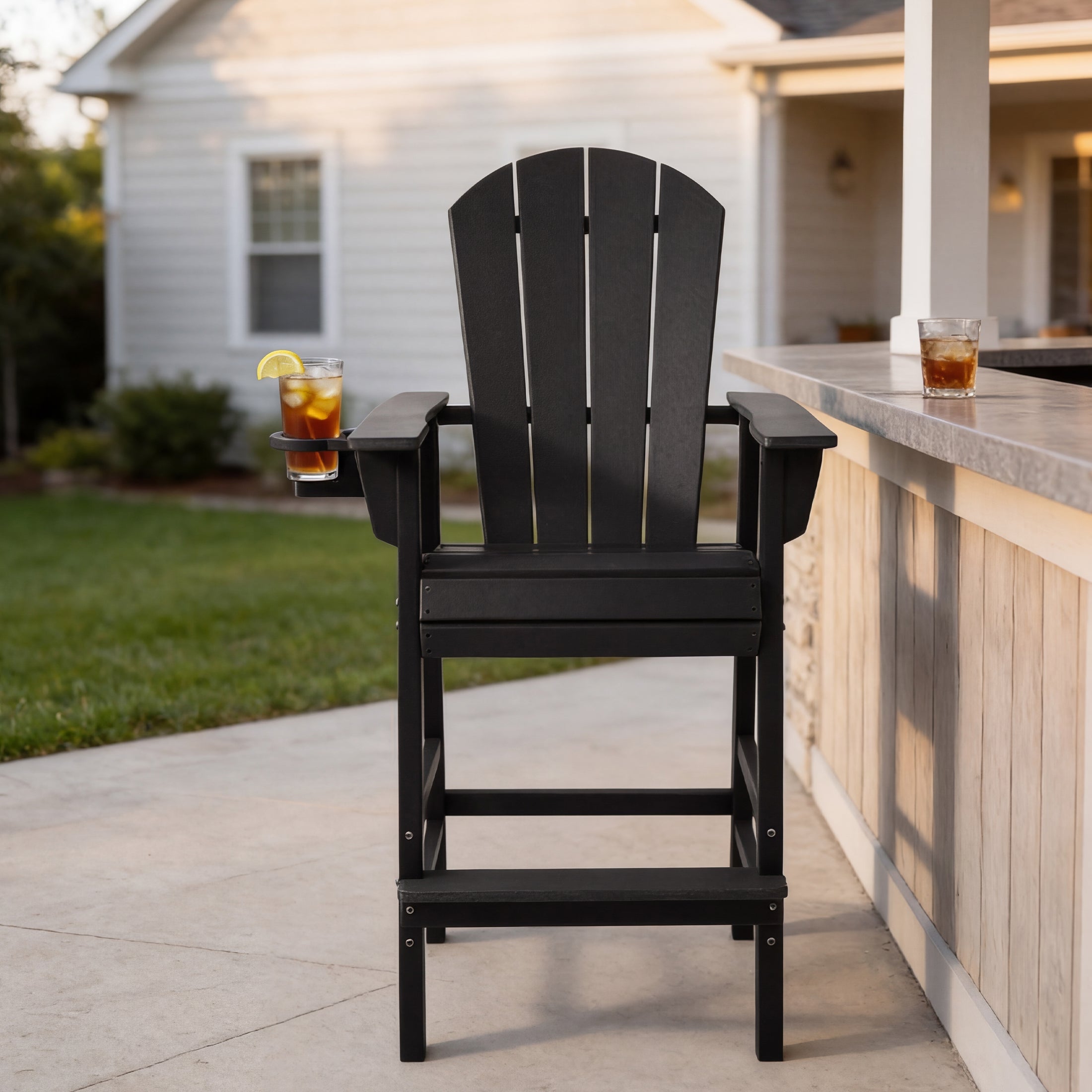 Paradise Outdoor HDPE Tall Adirondack Bar Height Chair With Cup Holder