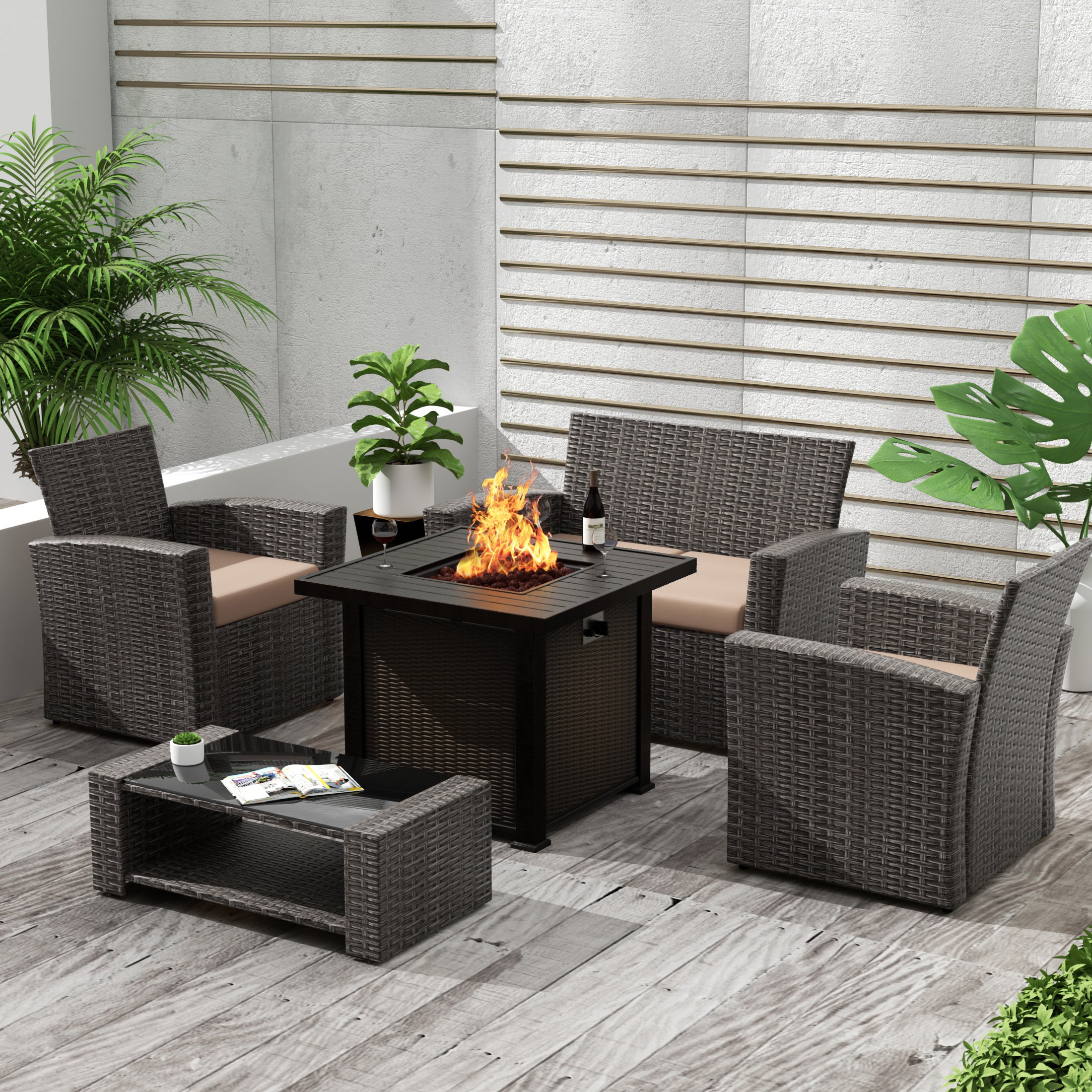 Wynston 4-Piece Conversation Outdoor Patio Sofa Set with Square Fire Pit Table, Gray