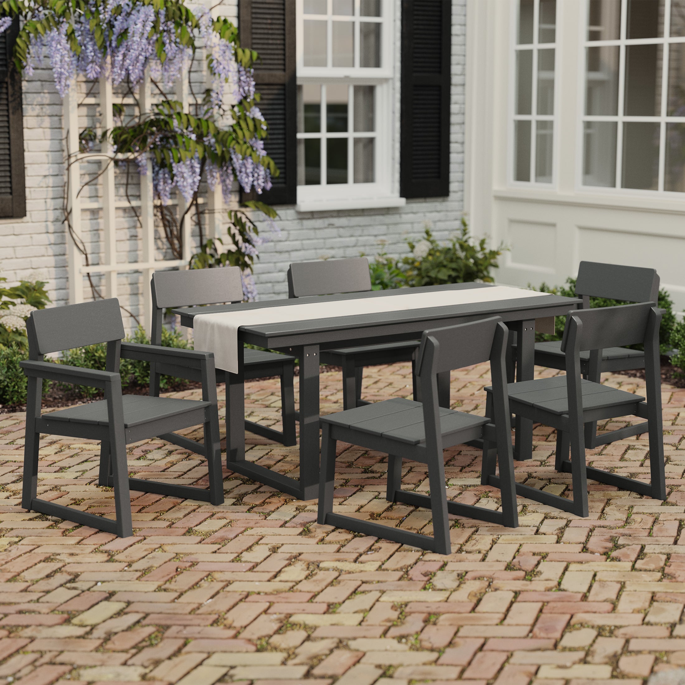 Cambria 7-Piece Modern HDPE Outdoor Patio Dining Table Set With Umbrella Hole