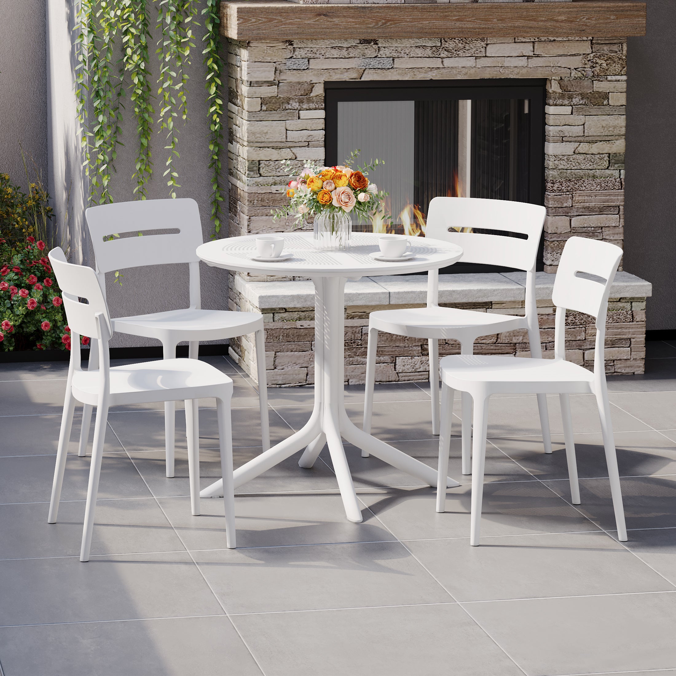 Sunshine Modern 5-Piece Resin Round Patio Dining Table Set with Stackable Patio Dining Chairs