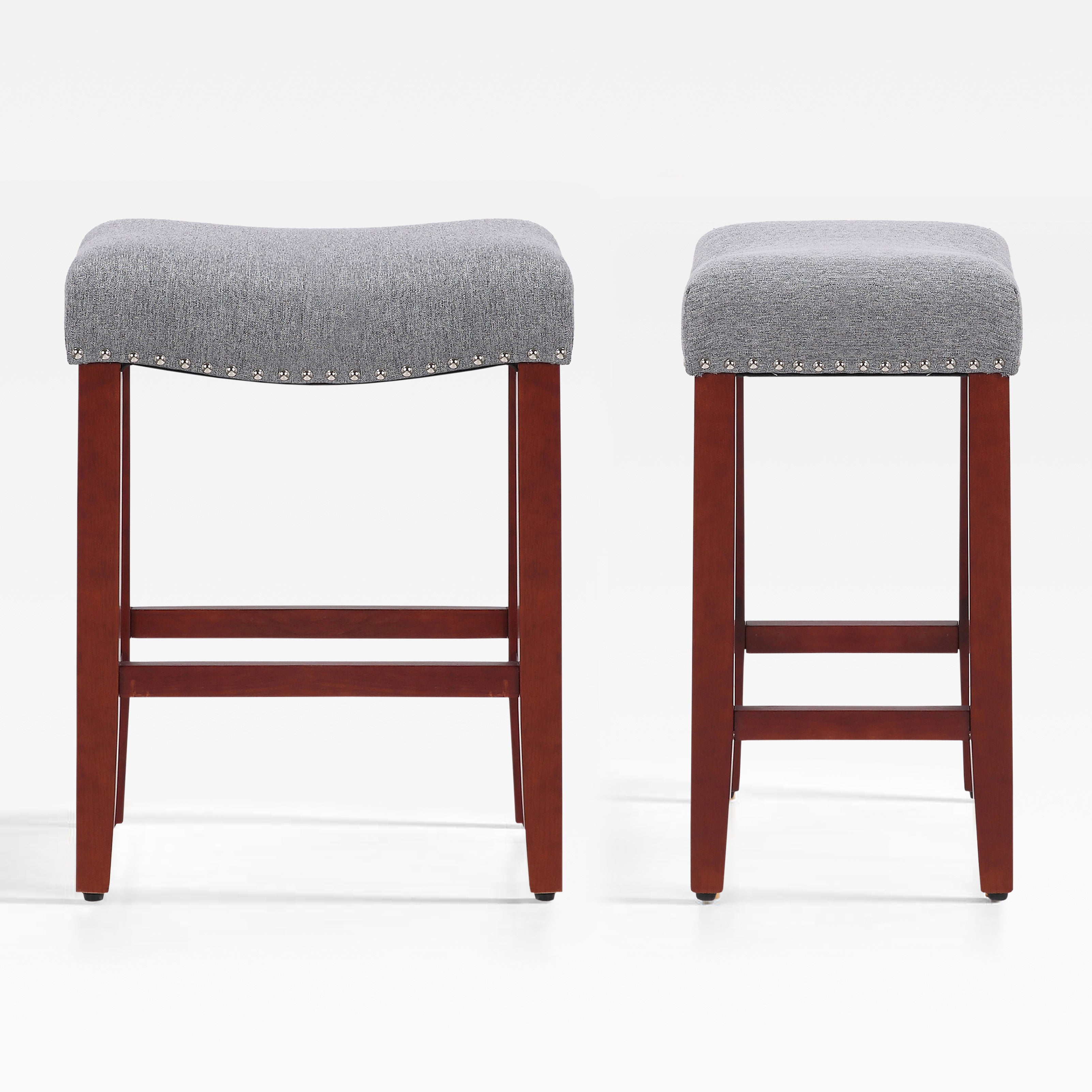 Bulmon 24" upholstered nail head bar counter stools with Cherry Red color legs (2 piece set)
