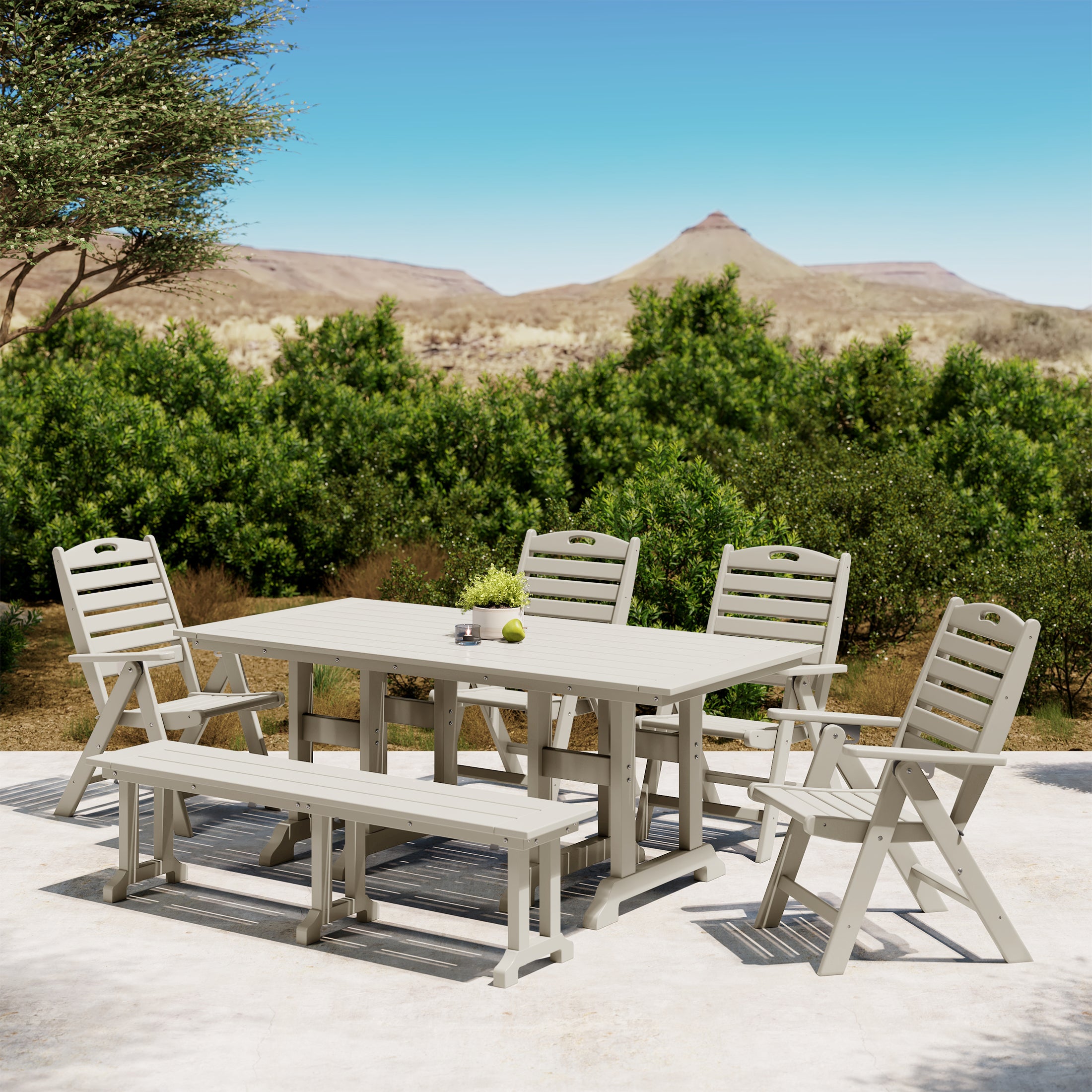 Paradise 6-Piece HDPE Rectangular Patio Dining Table Set with Foldable Chairs and Patio Bench