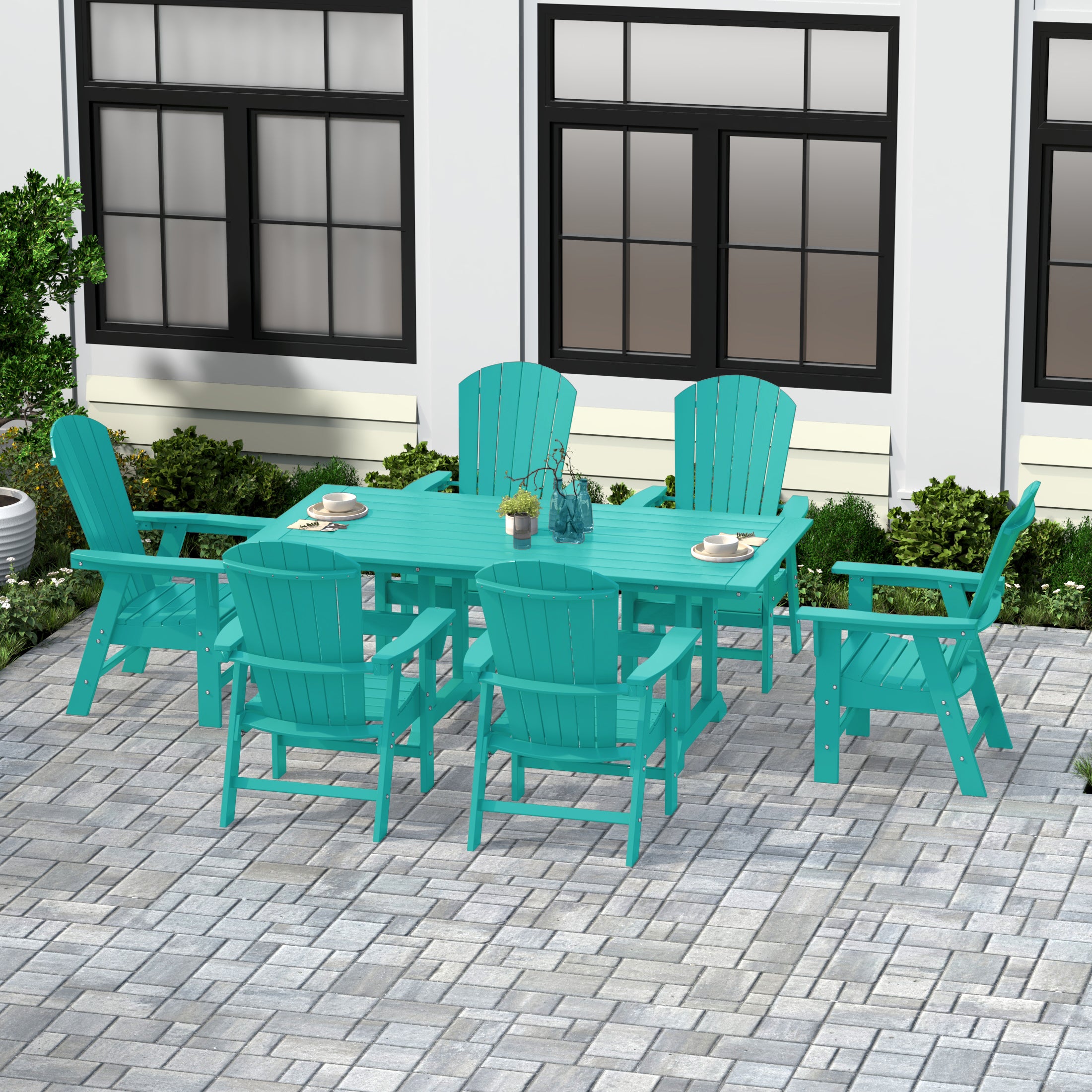 Portside 7 Piece Outdoor Patio Dining Table and Adirondack Armchair Set
