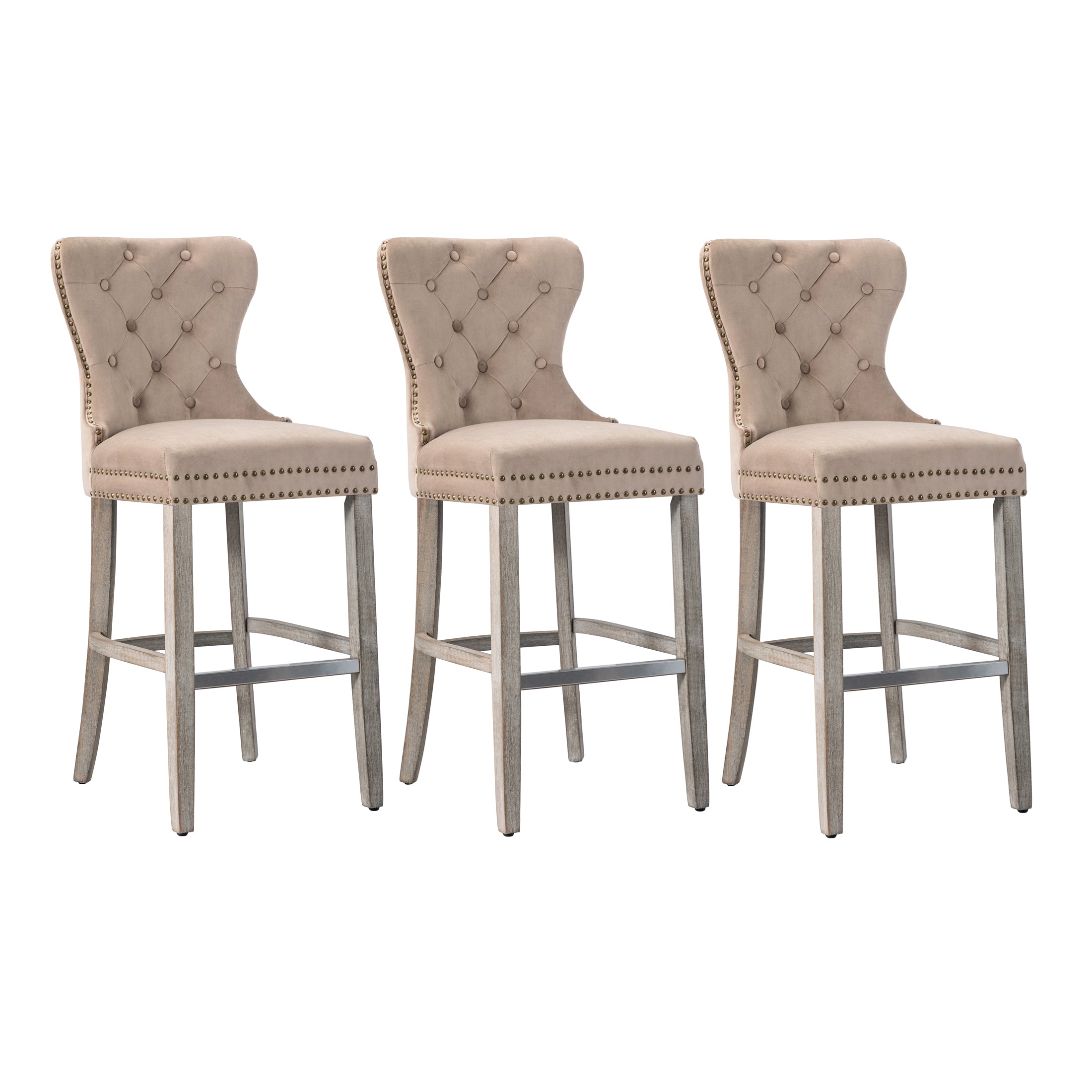 Hank 29" Tufted Velvet Bar Stool (Set of 3), Antique Gray