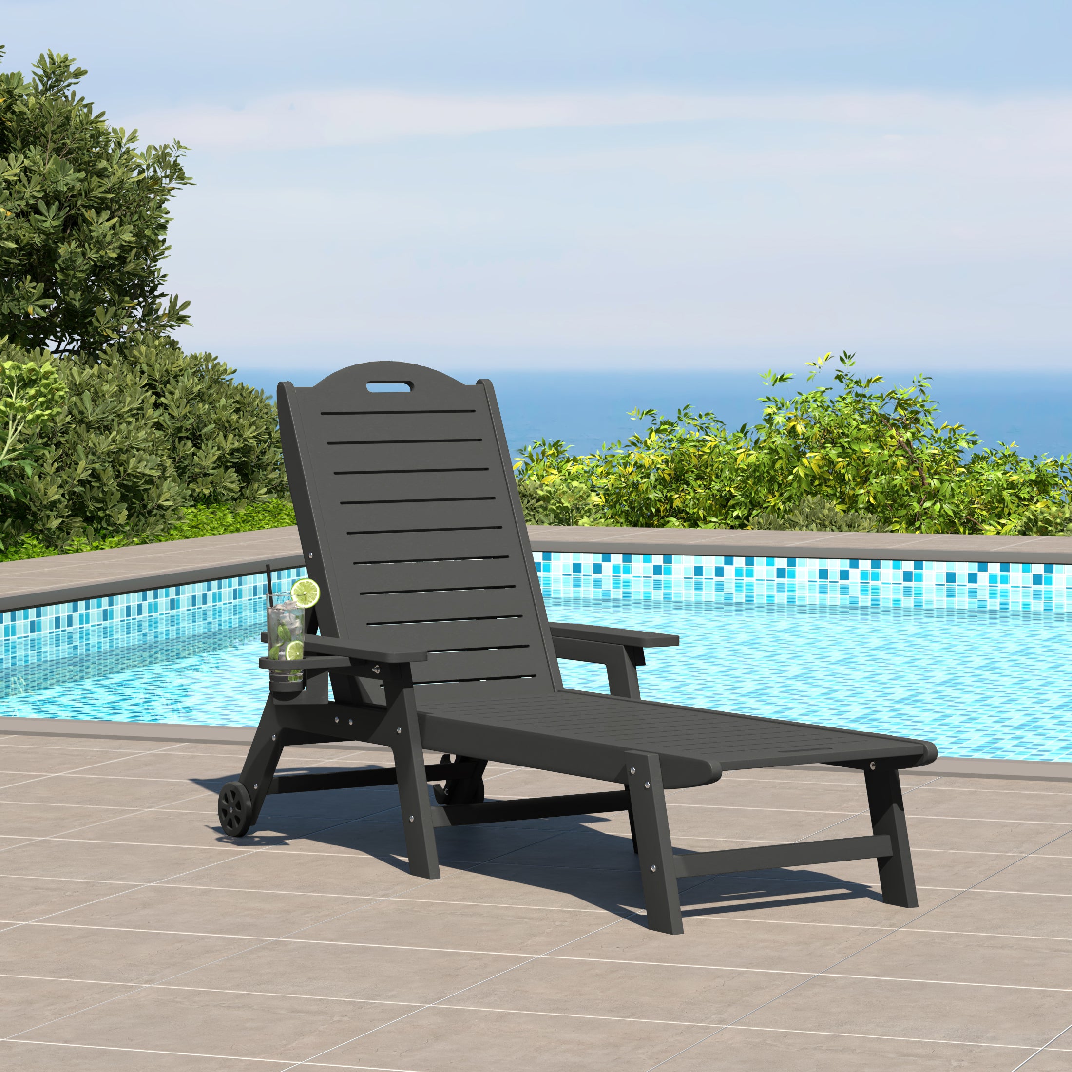 Lago Outdoor HDPE Patio Chaise Lounge With Wheels & Cup Holder