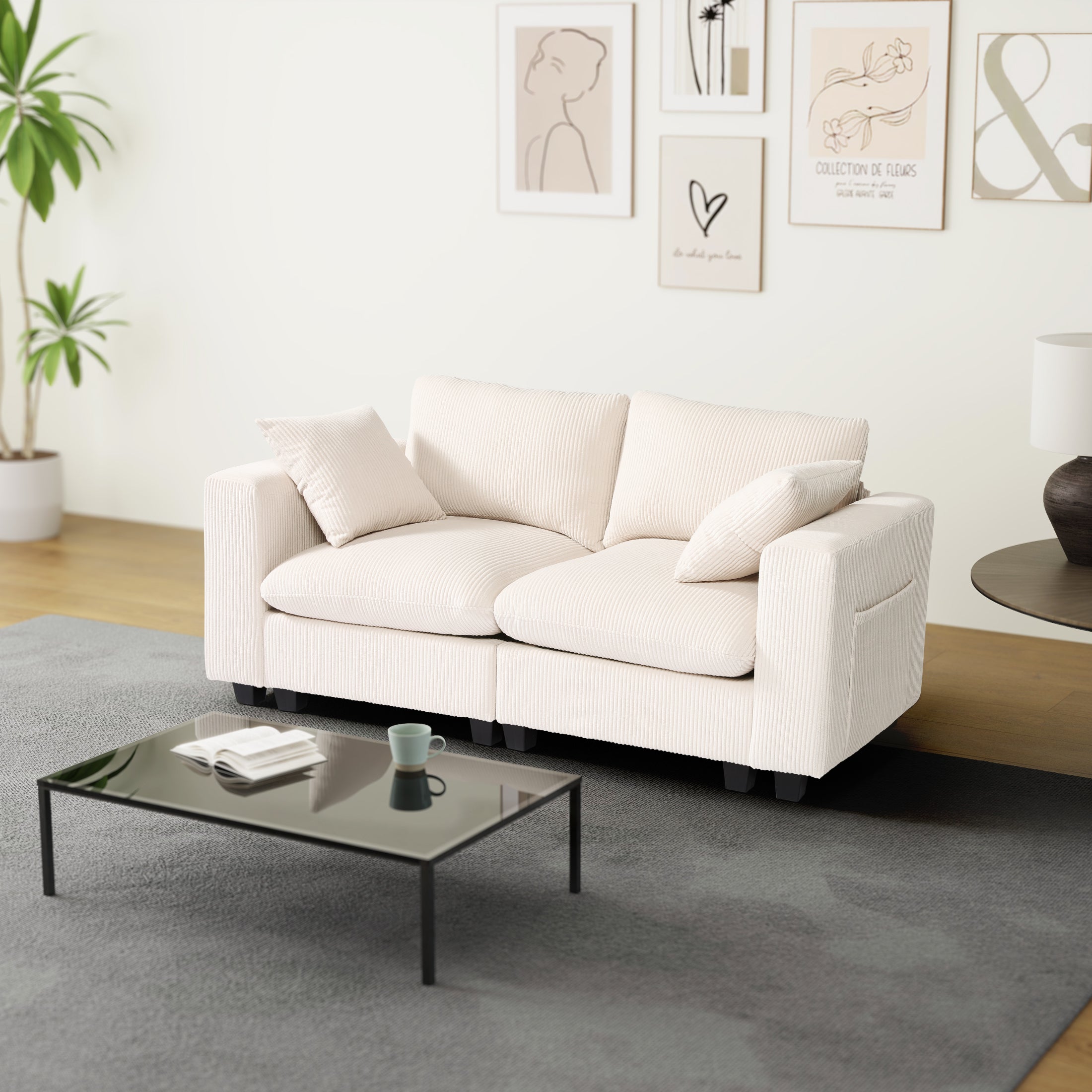 Ava 70" Modular Corduroy Loveseat Sofa With USB/Type-C Ports and Side Pockets