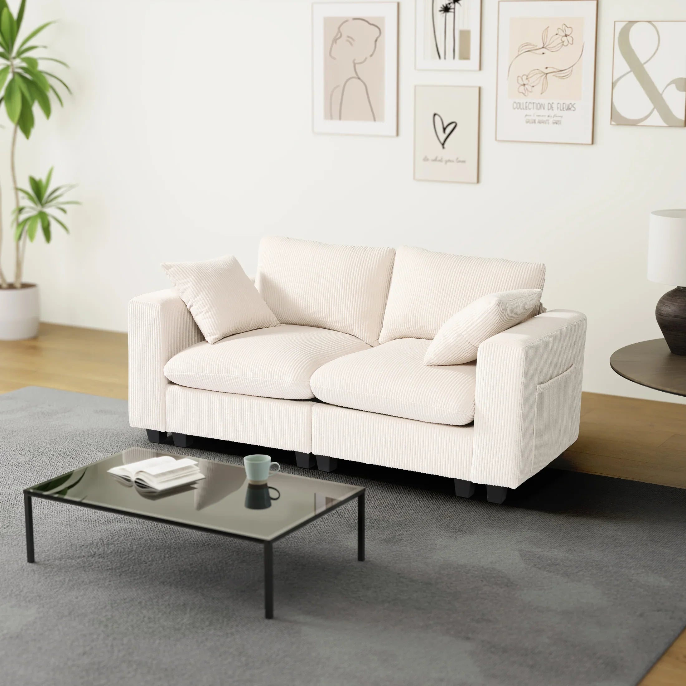 Ava 70" Modular Corduroy Loveseat Sofa With USB/Type-C Ports and Side Pockets