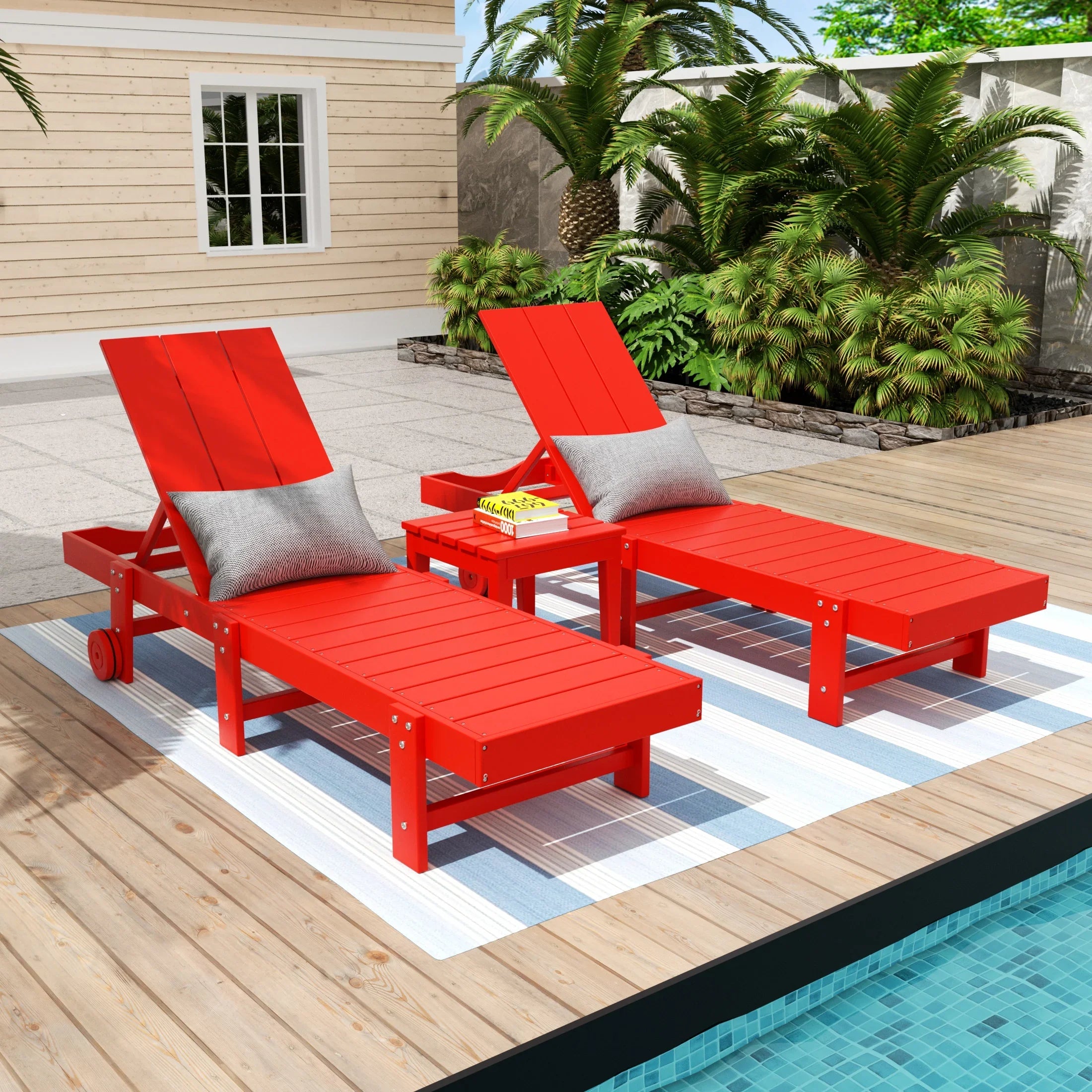 Palms 3 Piece Modern Poly Reclining Chaise Lounge With Wheels