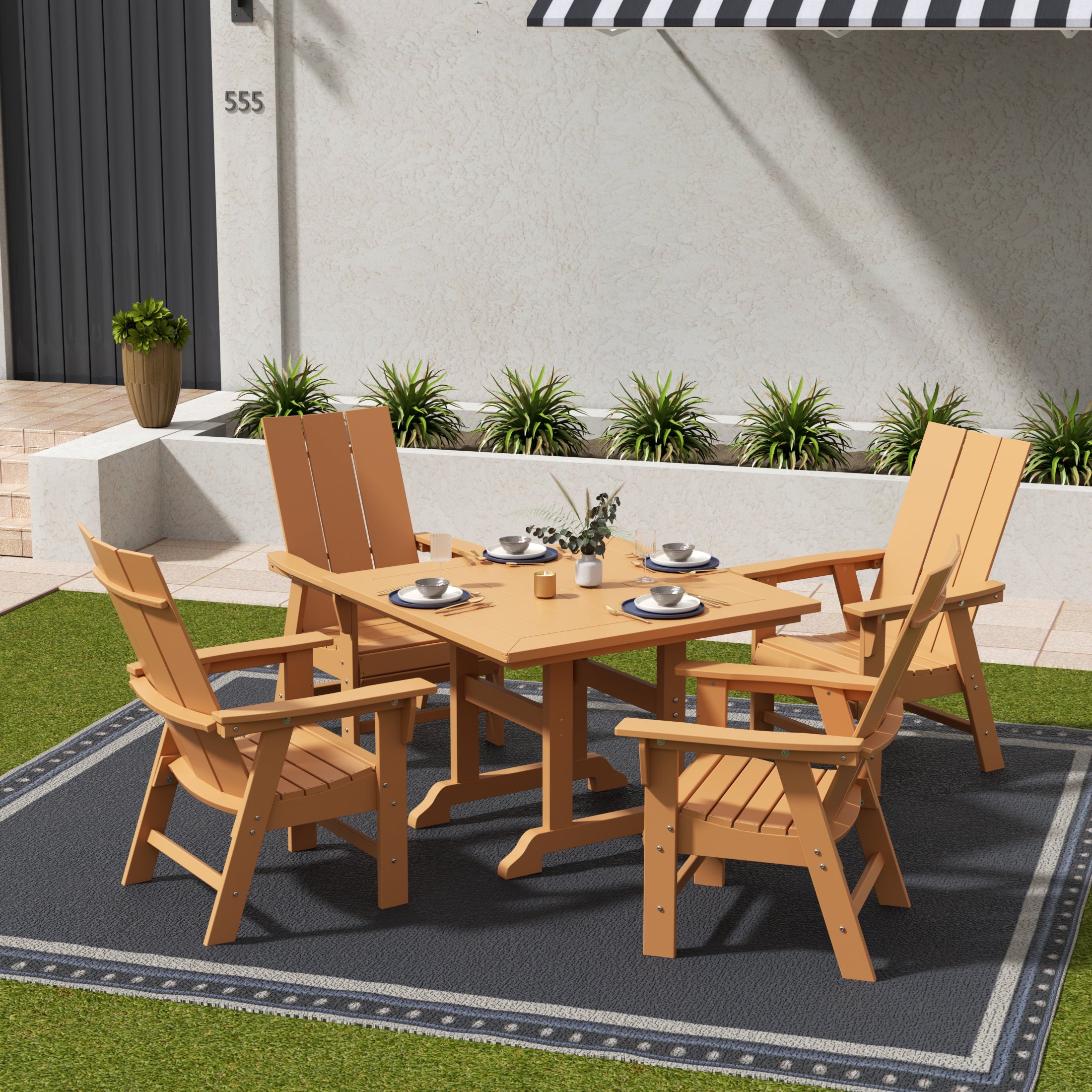 Palms 5 Piece Outdoor Patio Dining Square Table and Modern Armchair Set