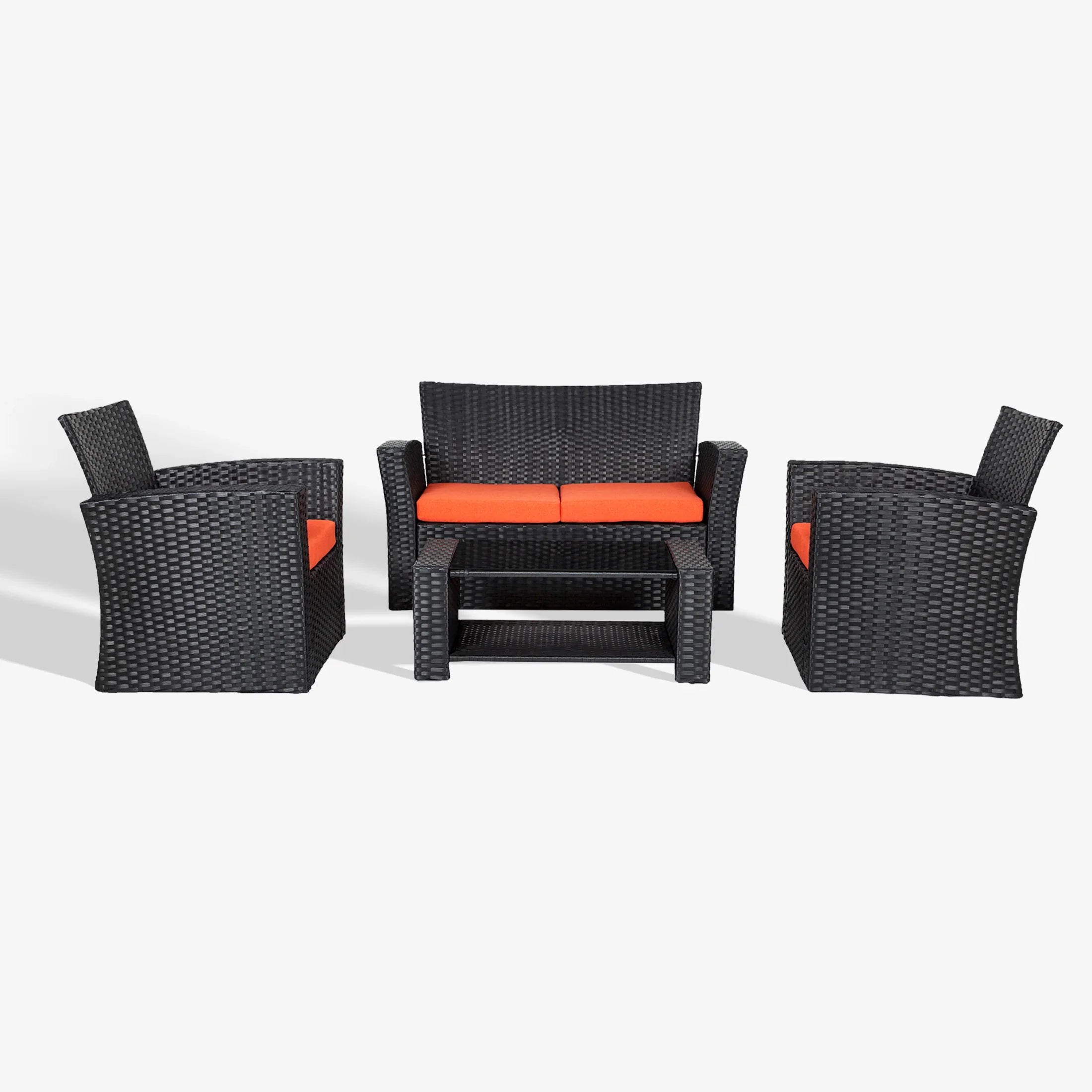 Wynston 4-Piece set Black color base Outdoor / Patio Wicker Rattan Conversation Sofa set with cushions and a Coffee table ( 4 seater )