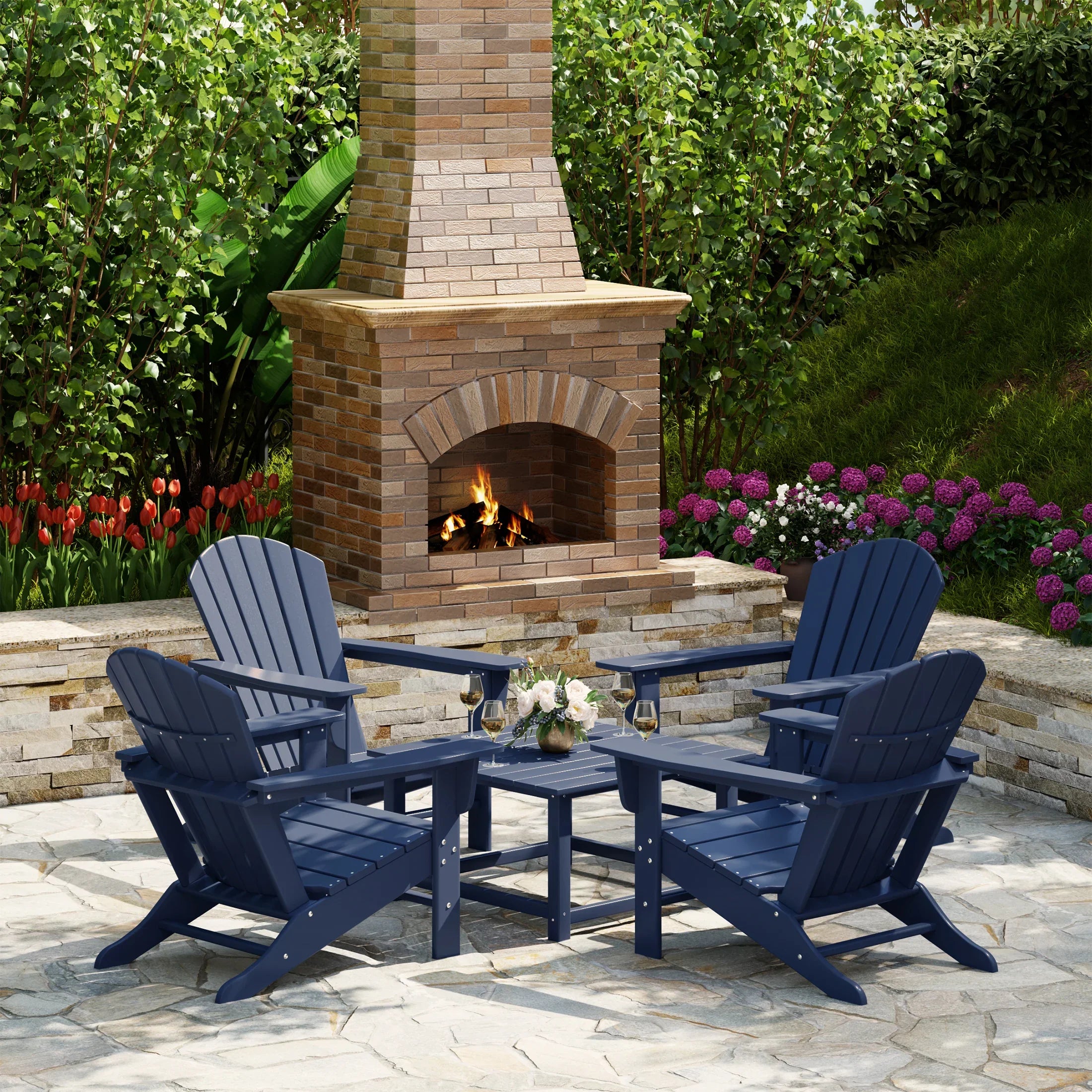 Portside 5-Piece Outdoor Patio HDPE Adirondack Chair With Square Coffee Table Conversation Set