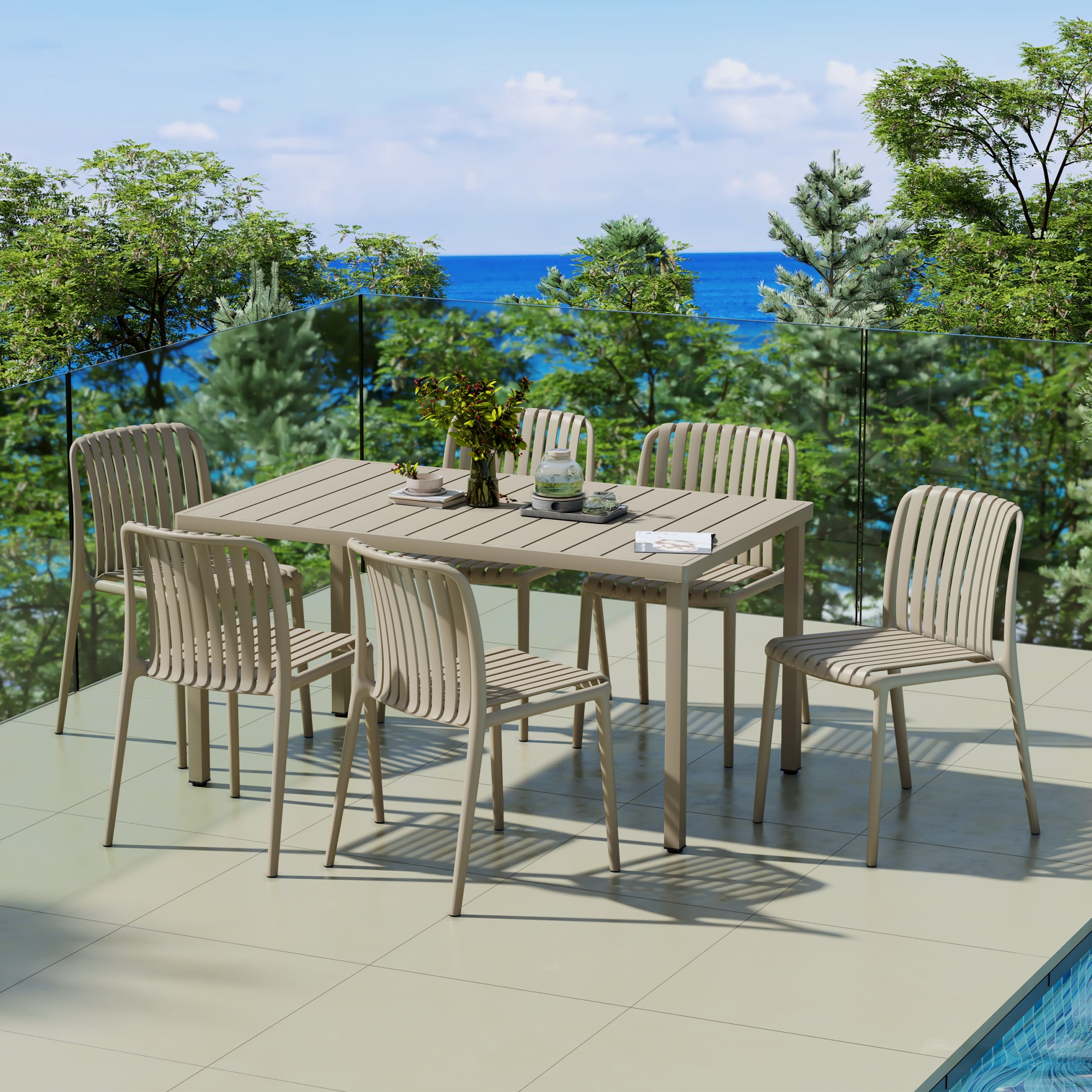 Sunshine 7-Piece Outdoor Patio Dining Table Set With Stackable Patio Chairs