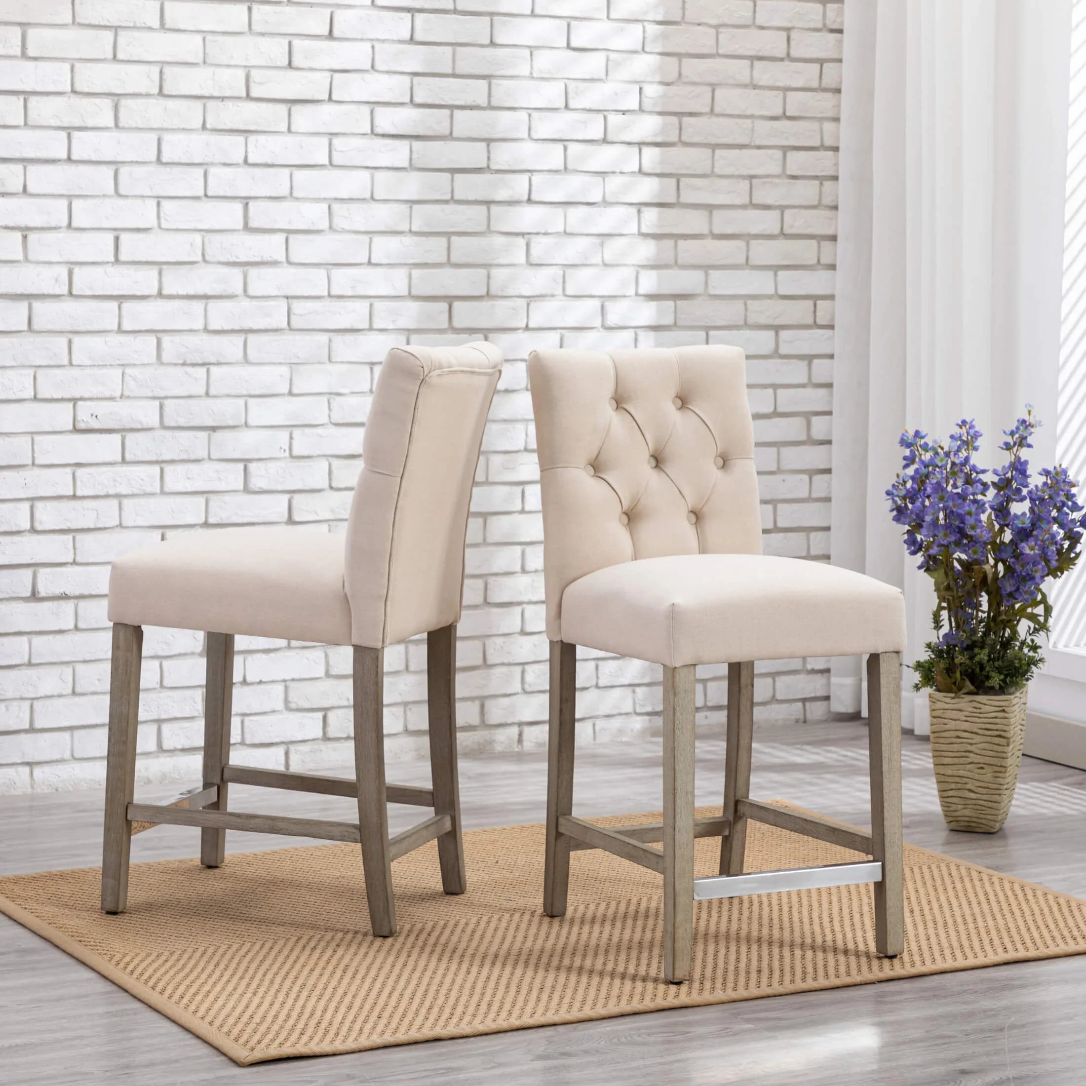 Bellmount 24" Linen Fabric Tufted Counter Stool (Set of 2),Antique Gray