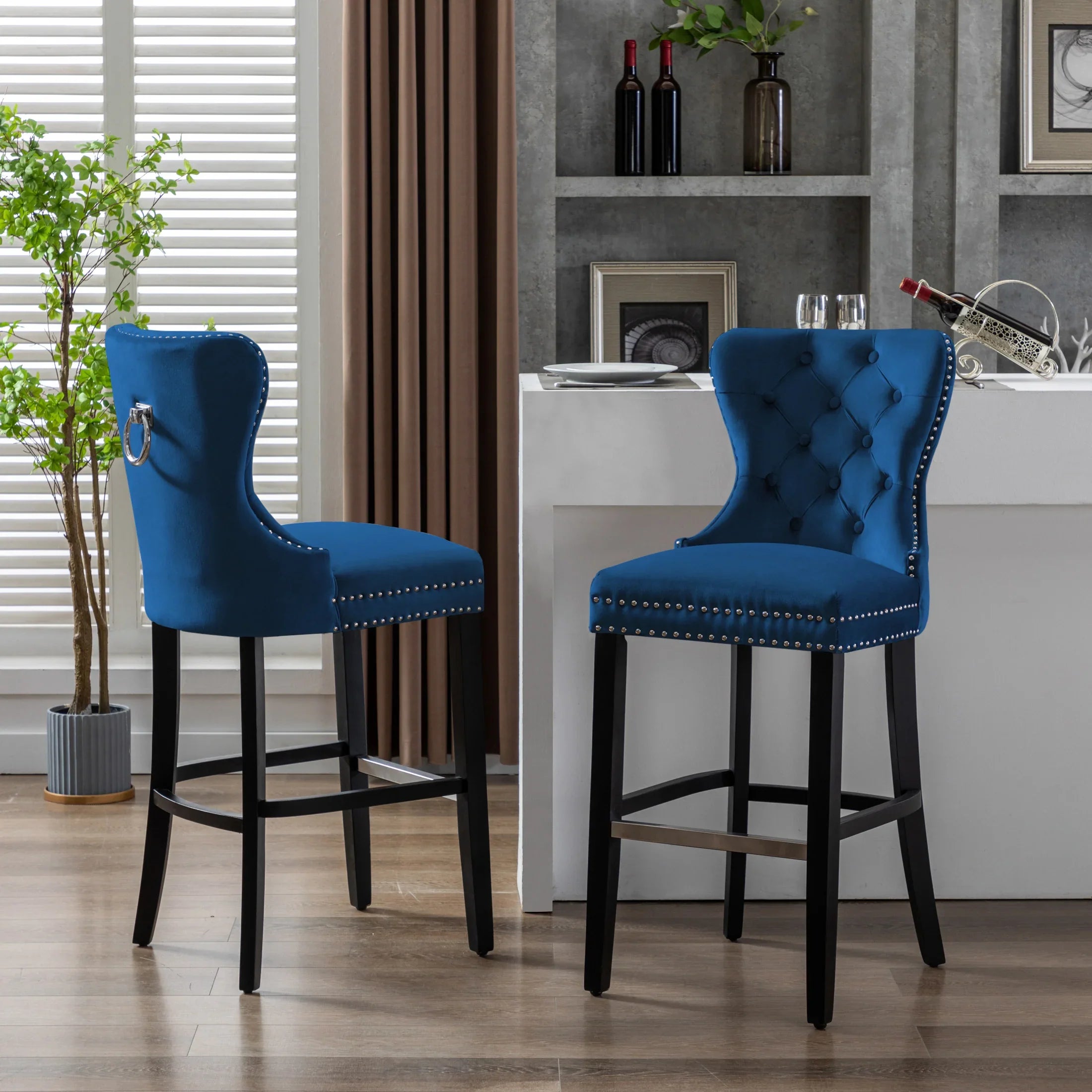 Hank 29" Tufted Velvet Bar Stool (Set of 2), Black