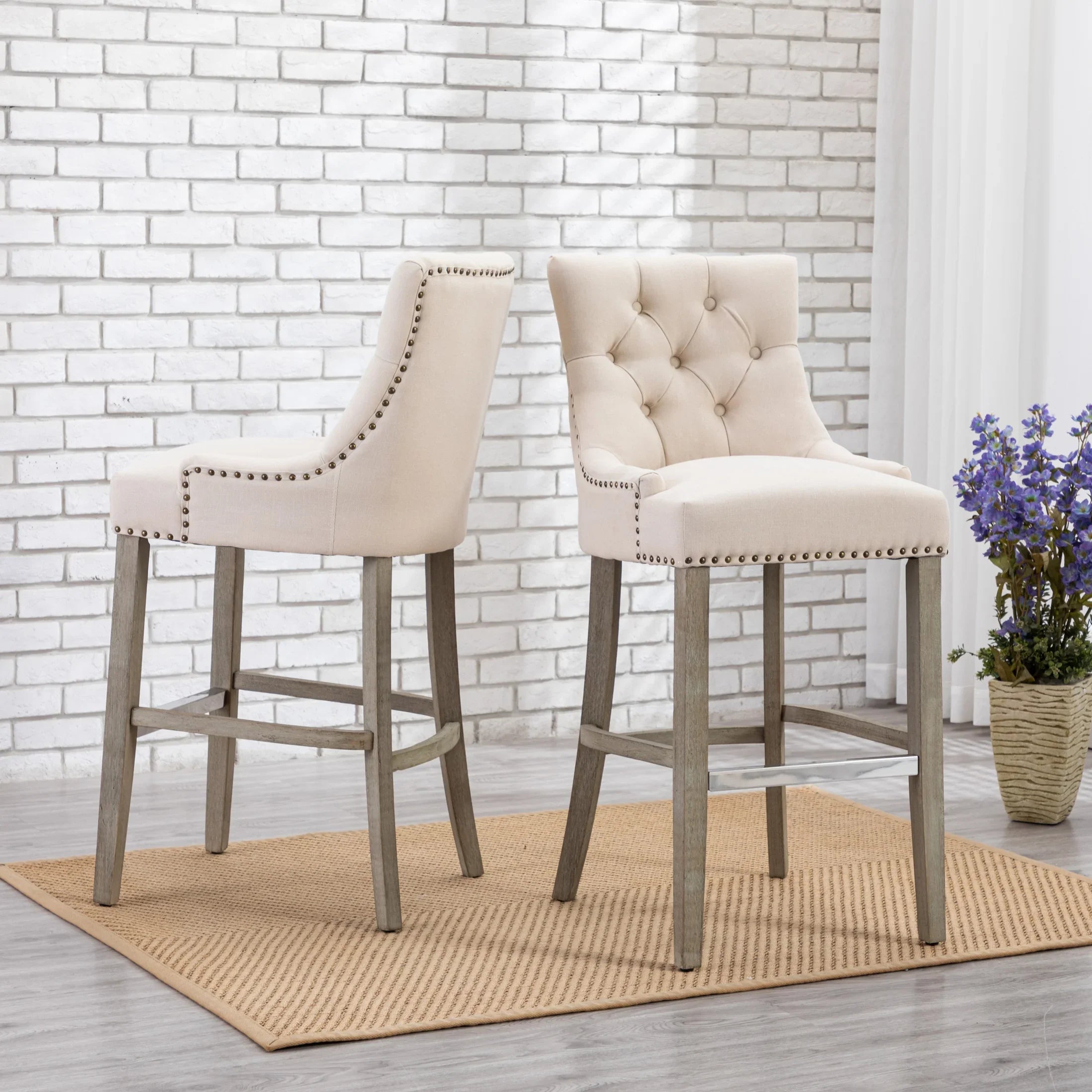 Bellmount 29" Upholstered Wood Bar Stool with Tufted Back (Set of 2)