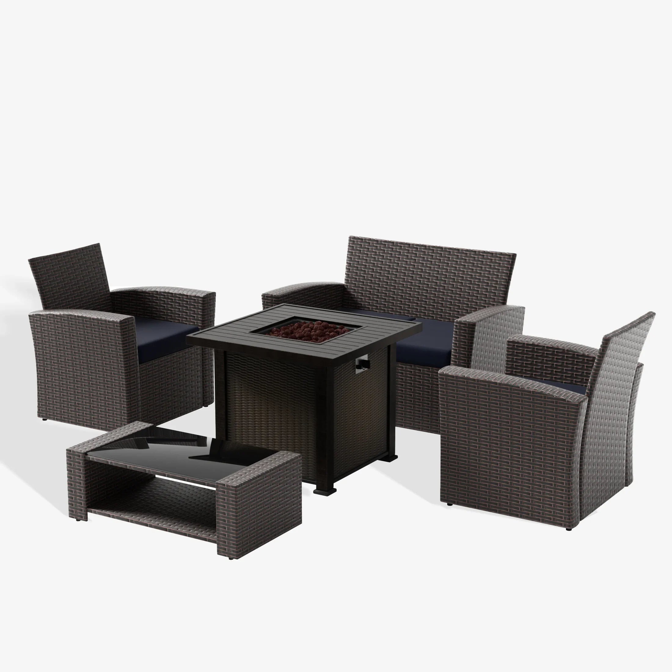 Wynston 4-Piece Conversation Outdoor Patio Sofa Set with Square Fire Pit Table, Chocolate