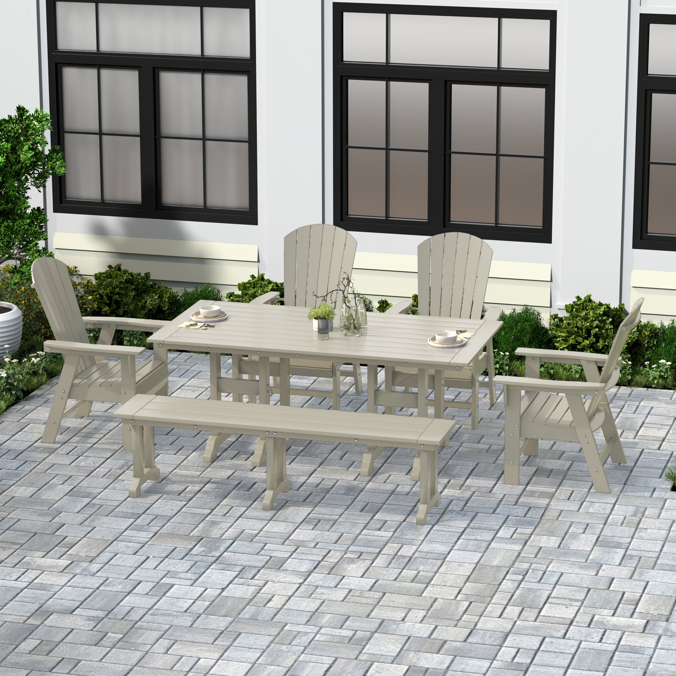 Portside 6 Piece Outdoor Patio Dining Table and Armchair Dining Bench Set