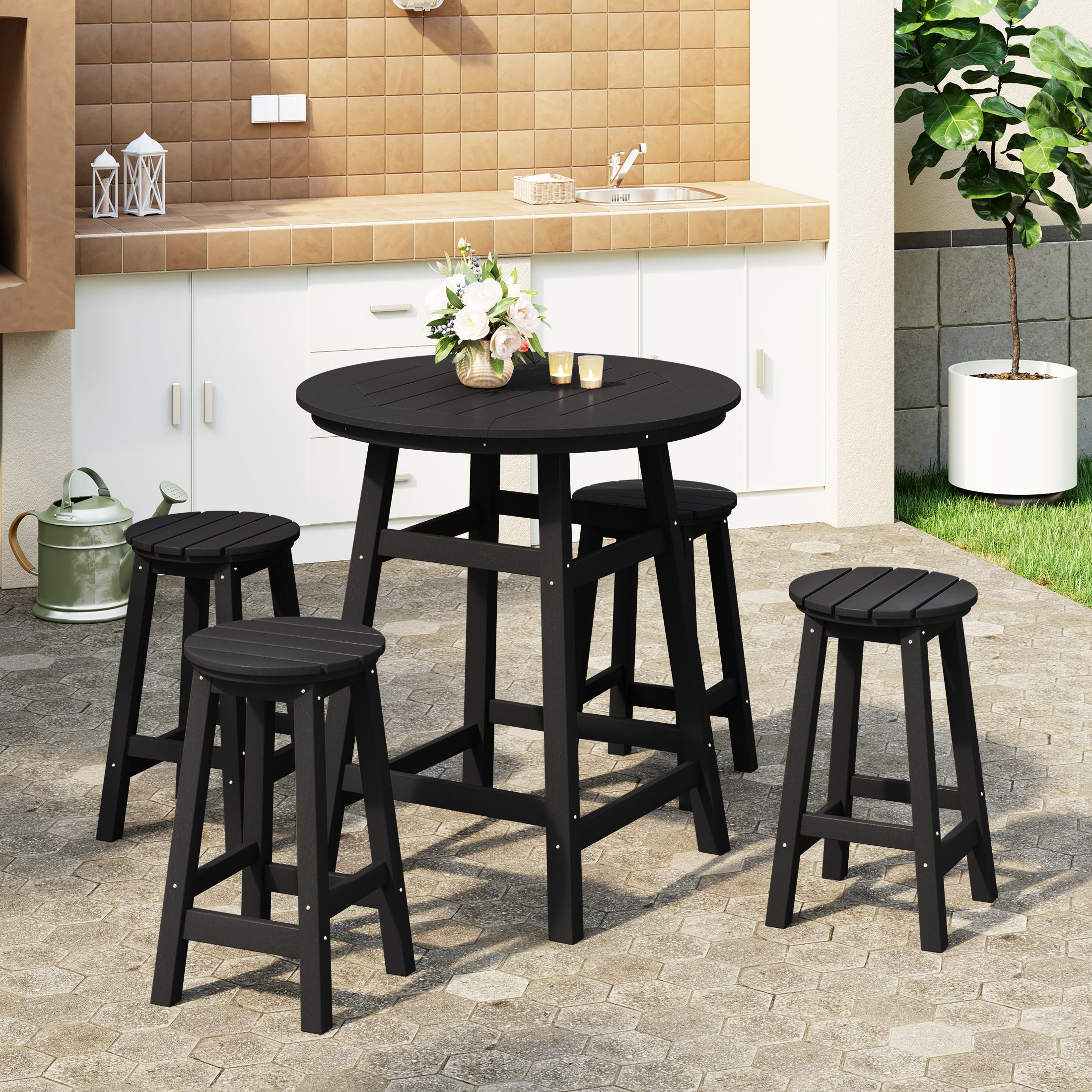 Paradise 5-Piece HDPE Outdoor Patio Dining Bar Bistro Table Set with Counter High Round Bar Stools