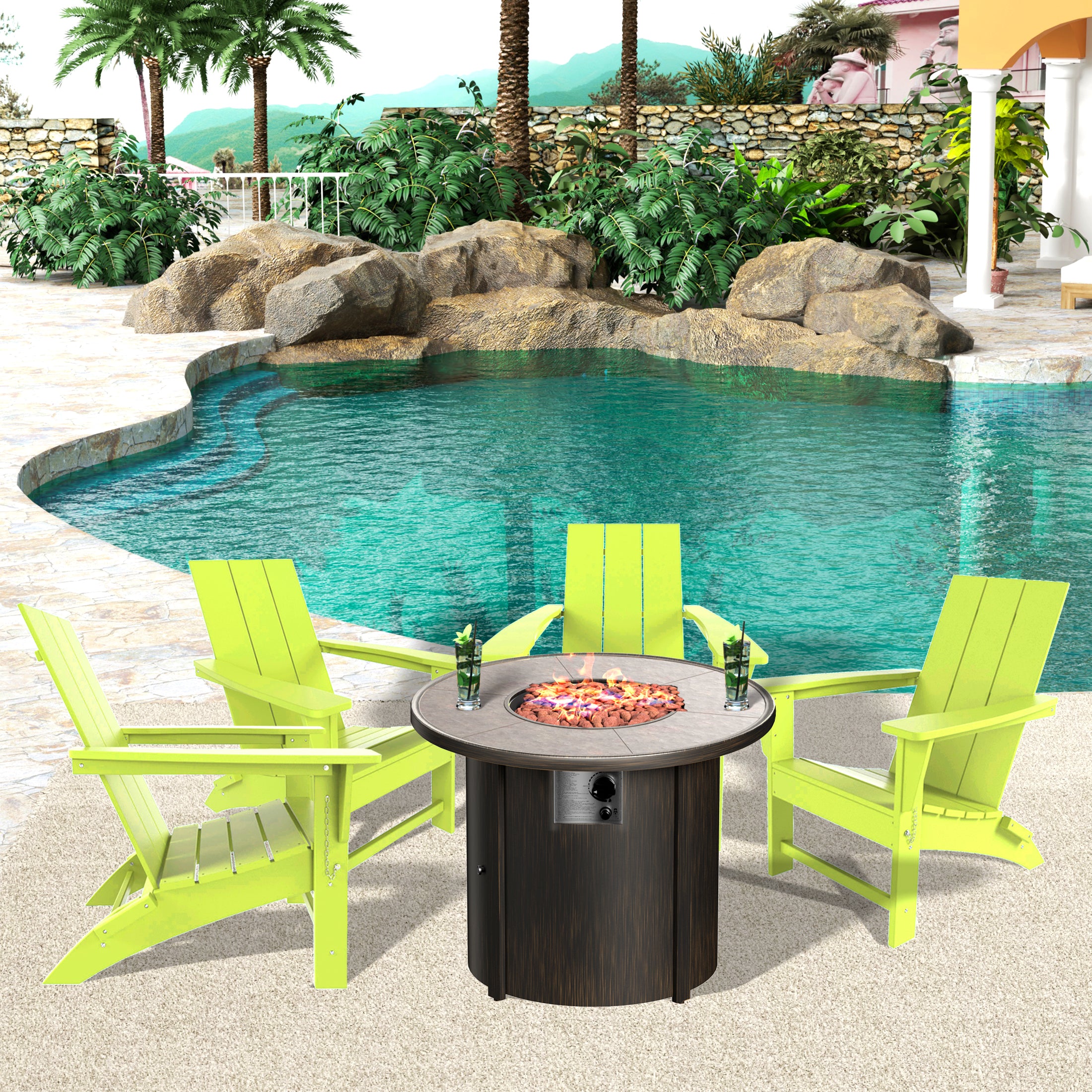 Palms Modern Folding Poly Adirondack Chair With Round Fire Pit Table