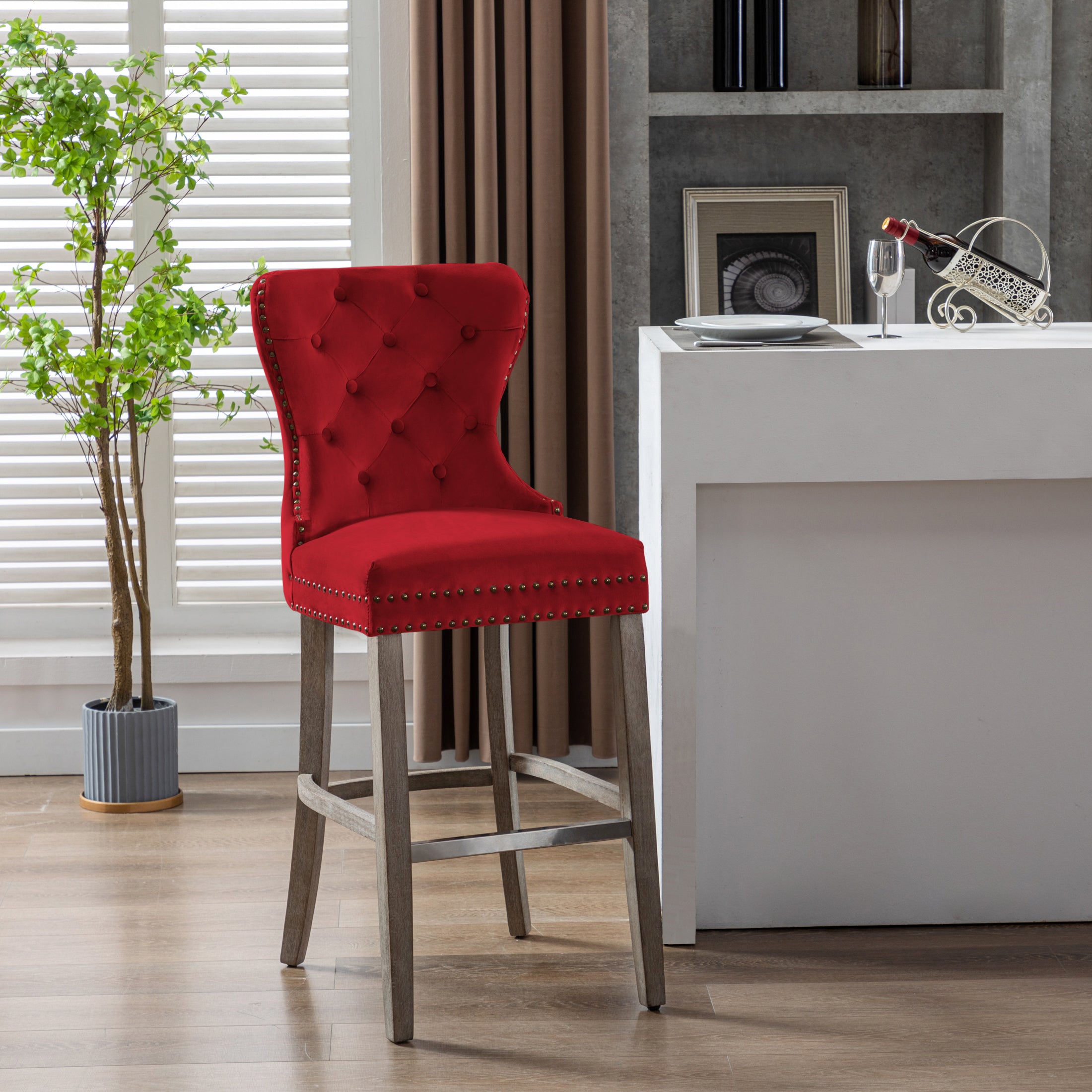 Hank 29" Tufted Velvet Bar Stool, Antique Gray