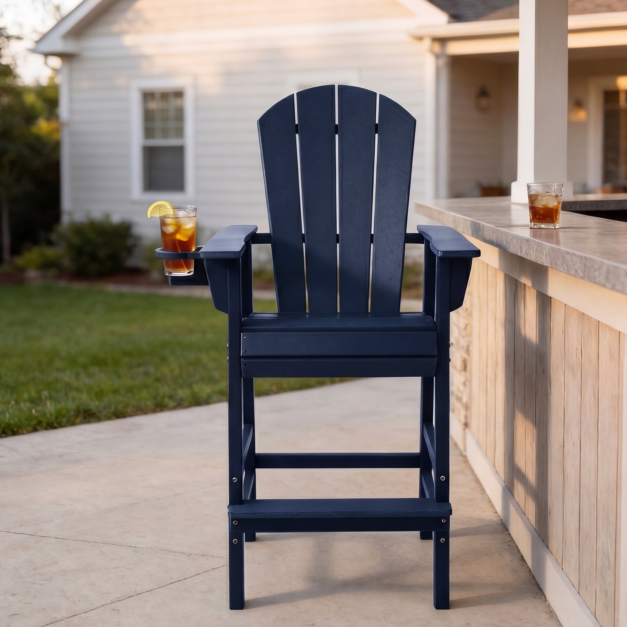 Paradise Outdoor HDPE Tall Adirondack Bar Height Chair With Cup Holder