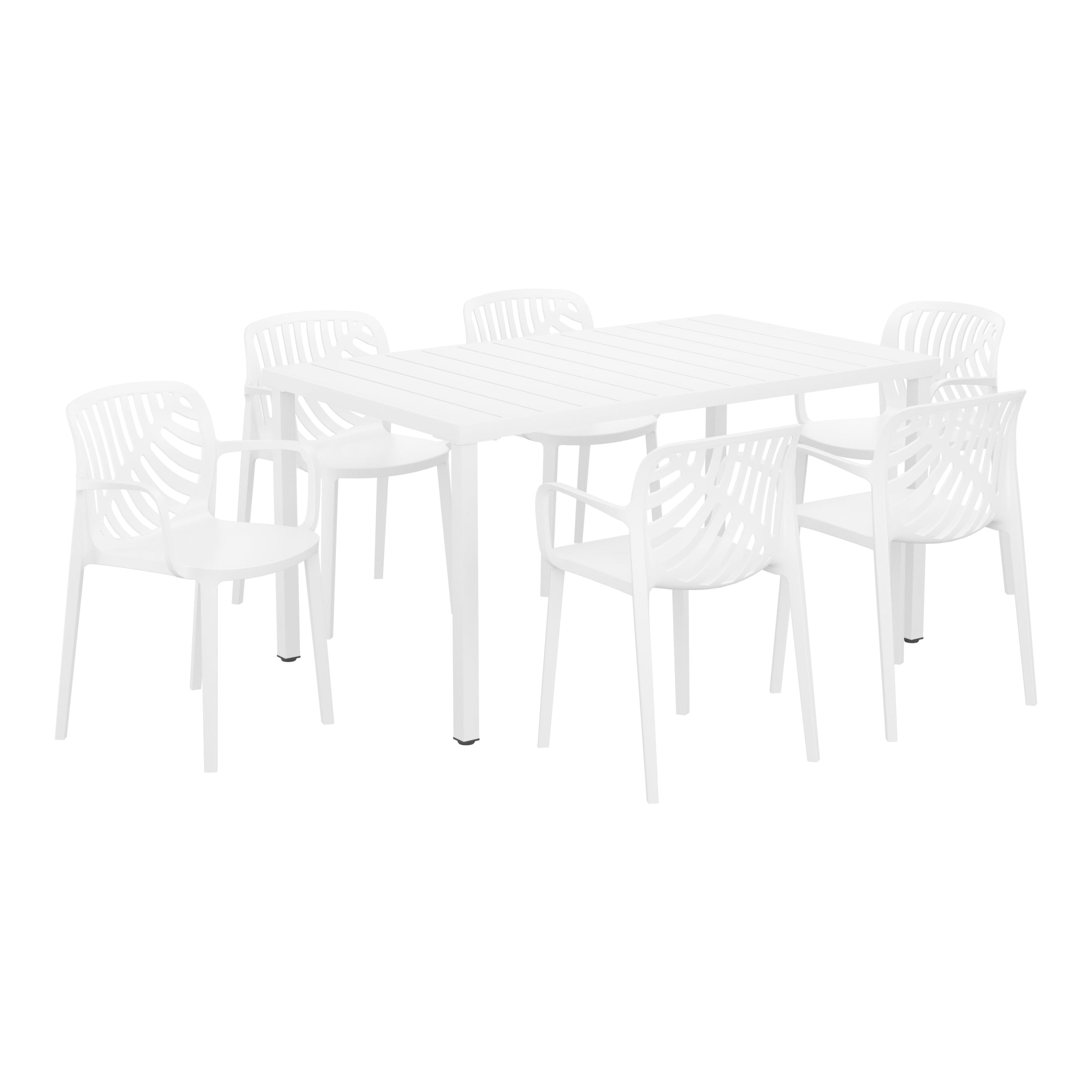 Sunshine 7-Piece Outdoor Metal Rectangle Patio Dining Table Set With Stackable Resin Patio Dining Chairs