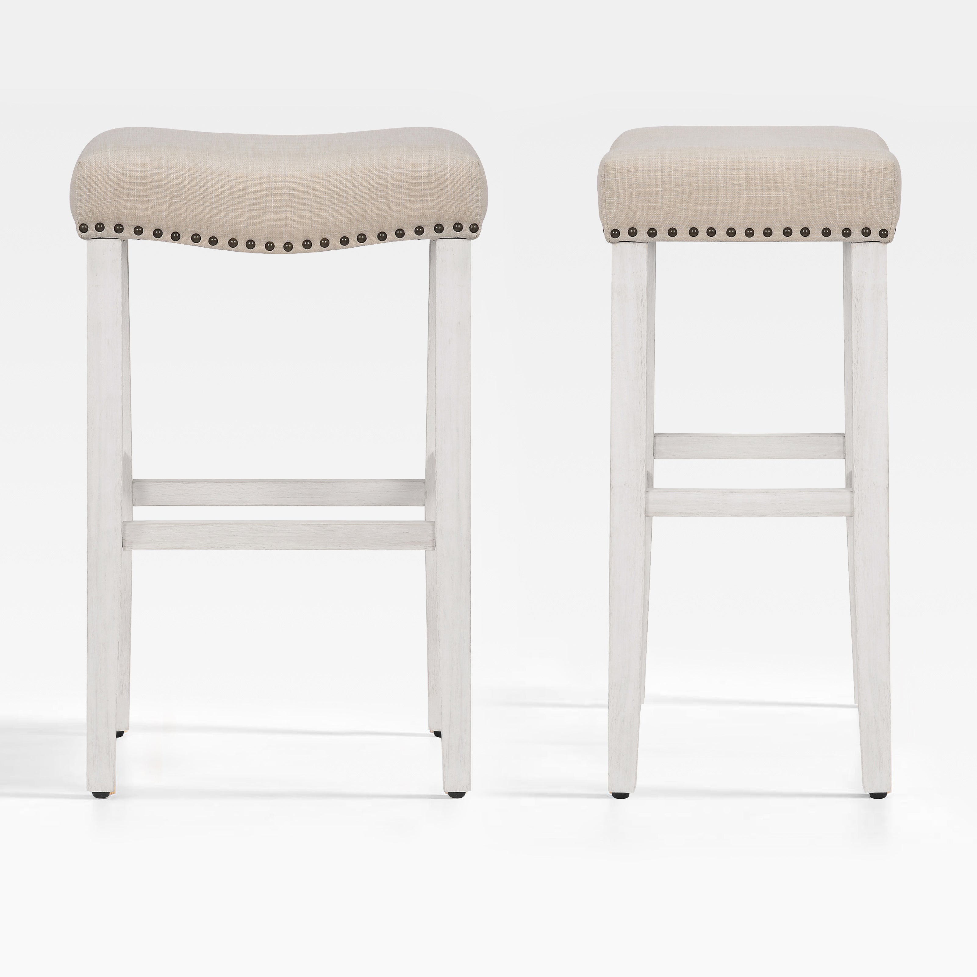 Bulmon 29" upholstered nail head bar counter stools with Antique White color legs (2 piece set)