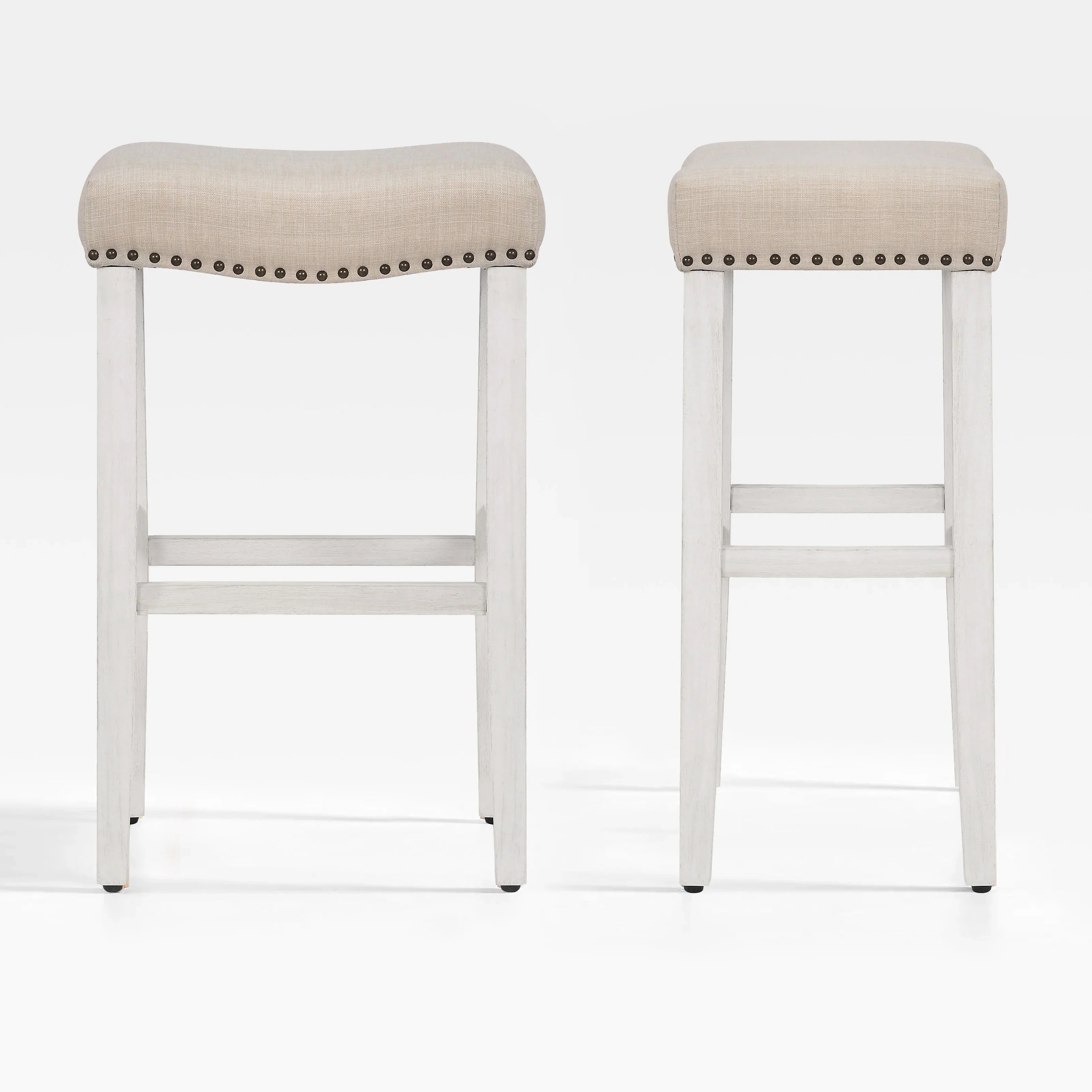 Bulmon 29" upholstered nail head bar counter stools with Antique White color legs (2 piece set)