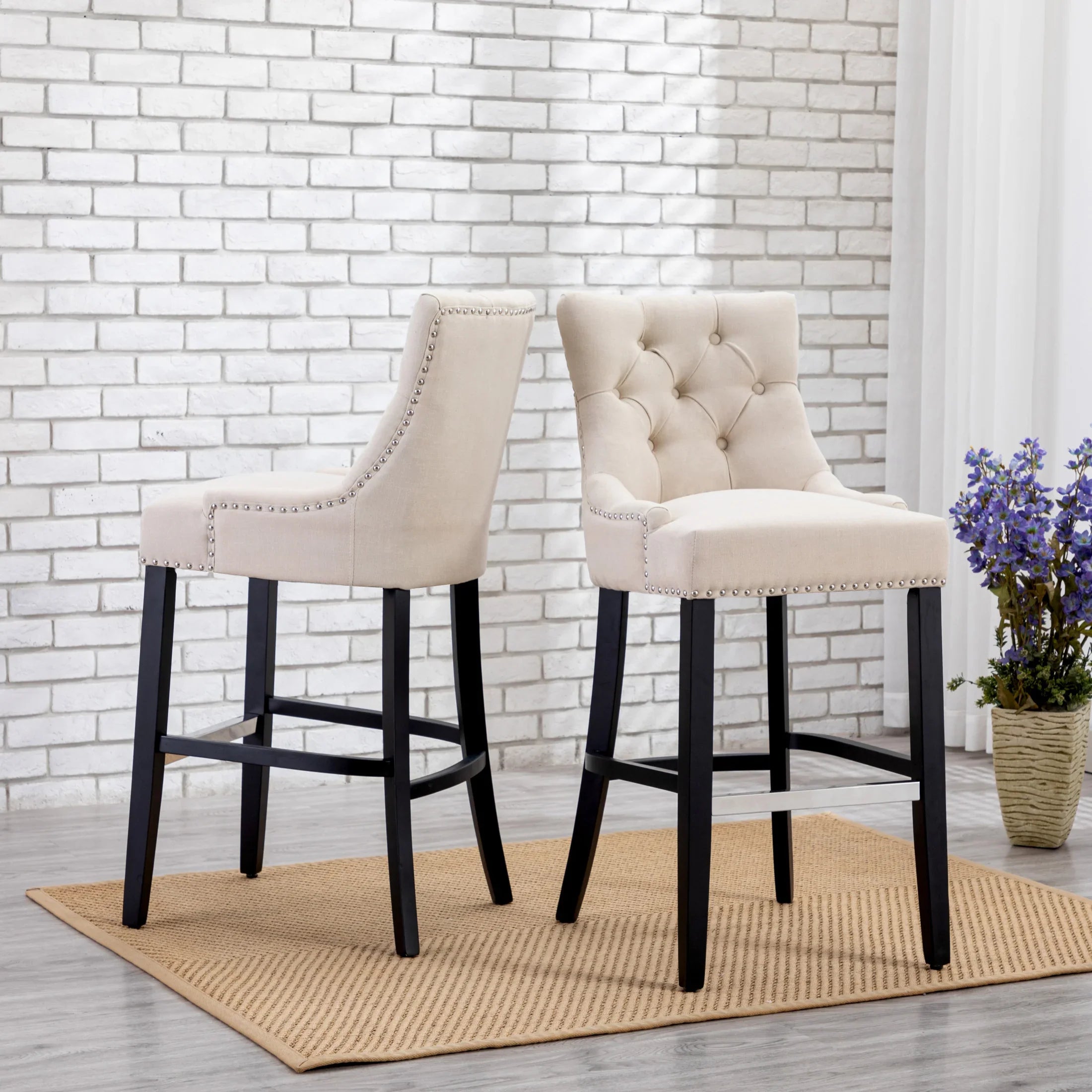 Bellmount 29" Upholstered Wood Bar Stool with Tufted Back (Set of 2)