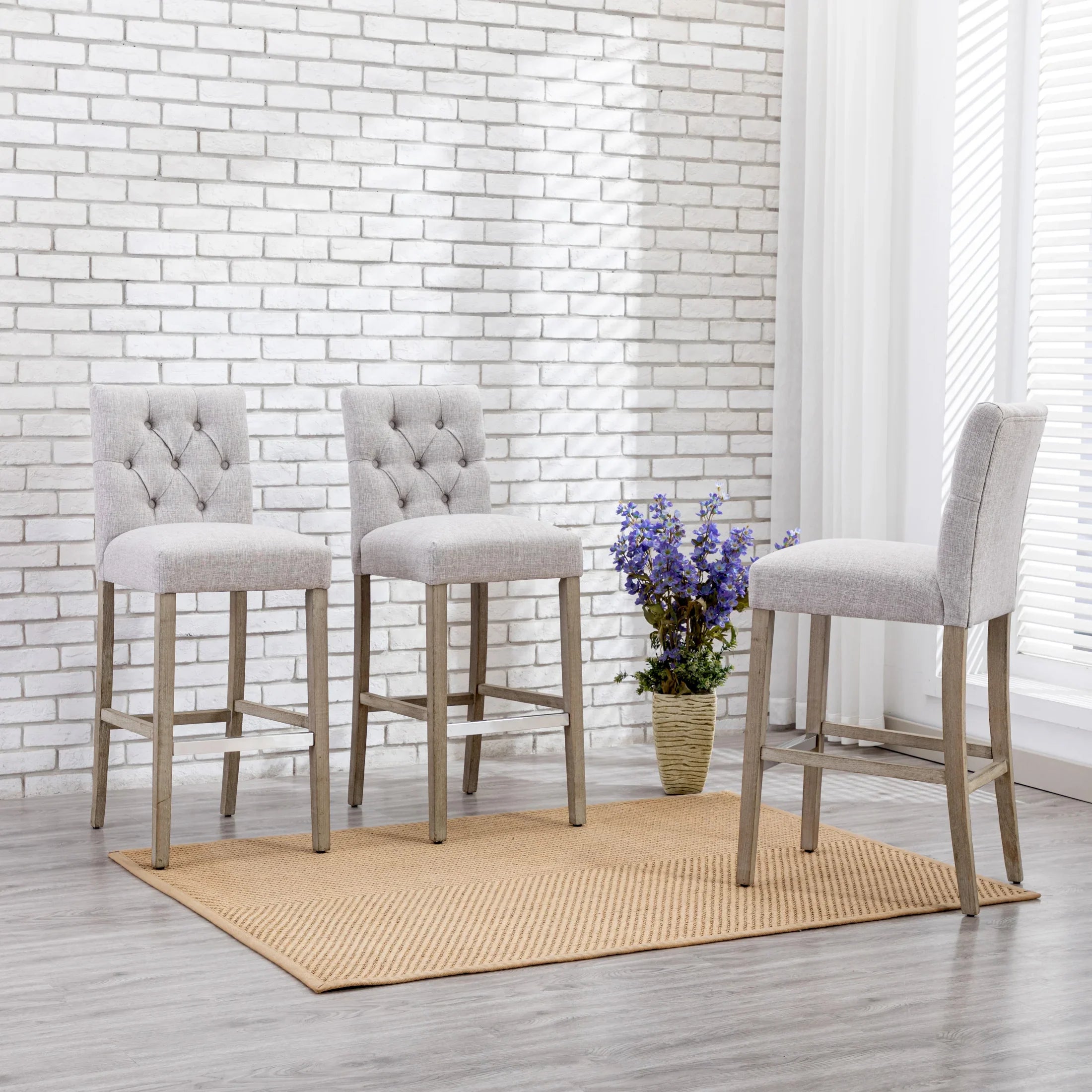 Bellmount 29" Upholstered Wood Bar Stool with Tufted Back (Set of 3)