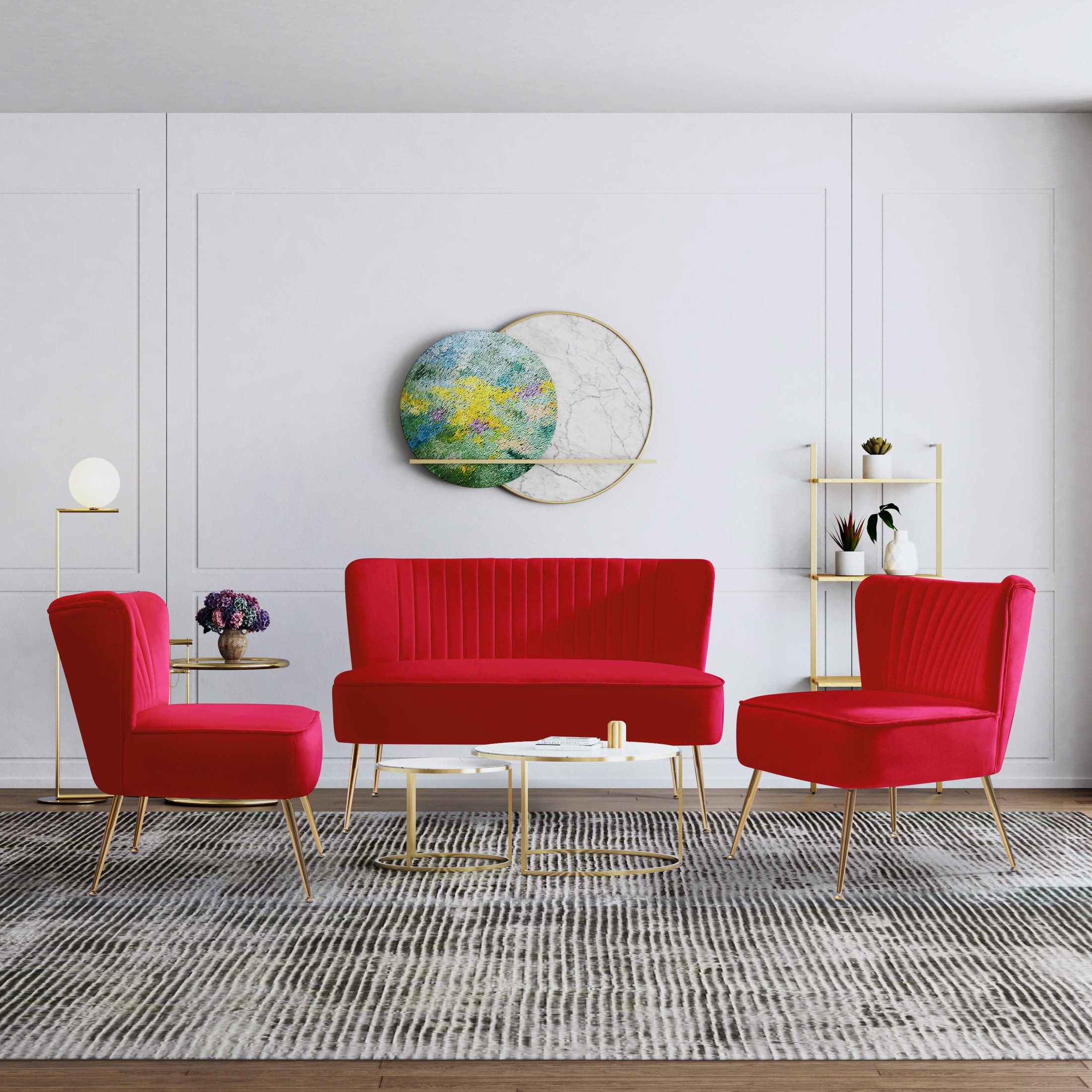 Alaia Mid Century Modern Tufted Velvet Loveseat Sofa and 25" Accent Chair 3-Piece Set