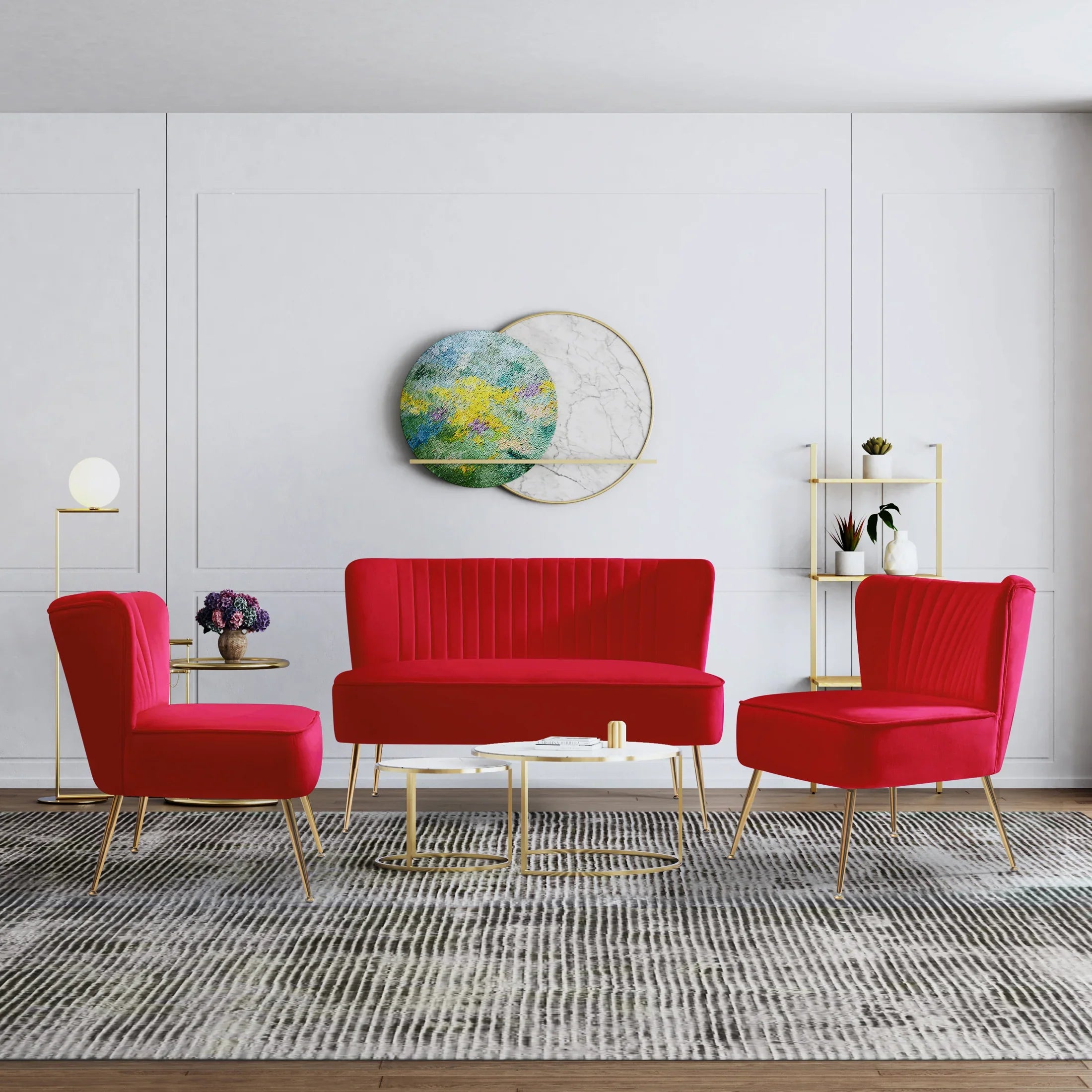 Alaia Mid Century Modern Tufted Velvet Loveseat Sofa and 25" Accent Chair 3-Piece Set