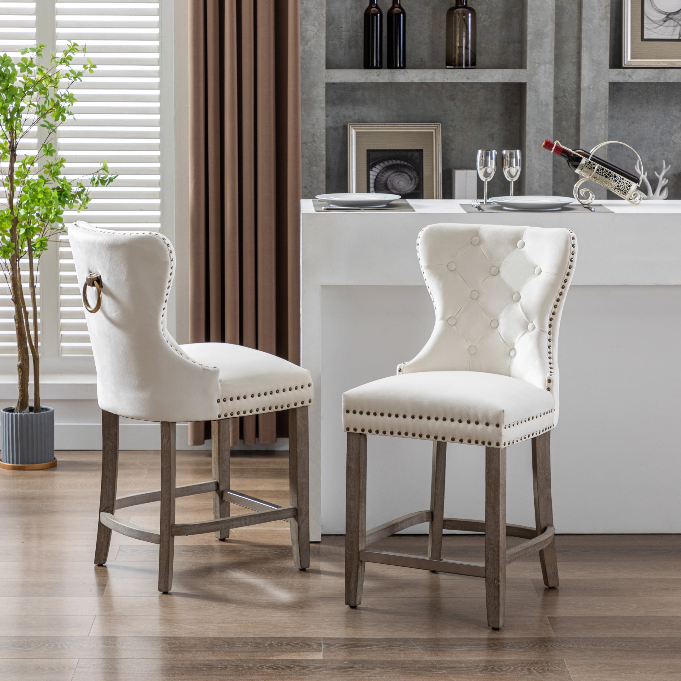 Hank 24" Tufted Velvet Counter Stool (Set of 2), Antique Gray