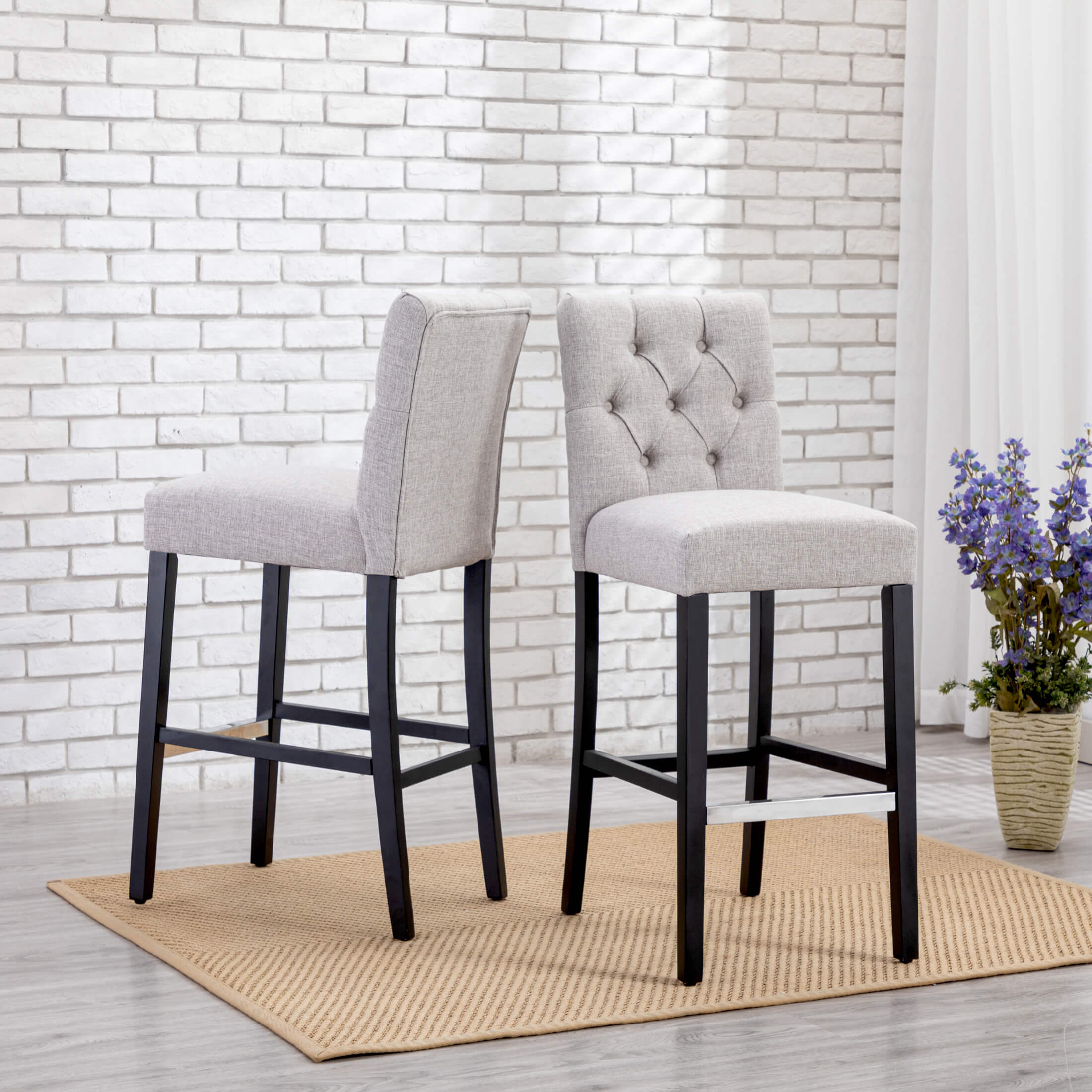 Bellmount 29" Linen Fabric Tufted Bar Stool (Set of 2),Black