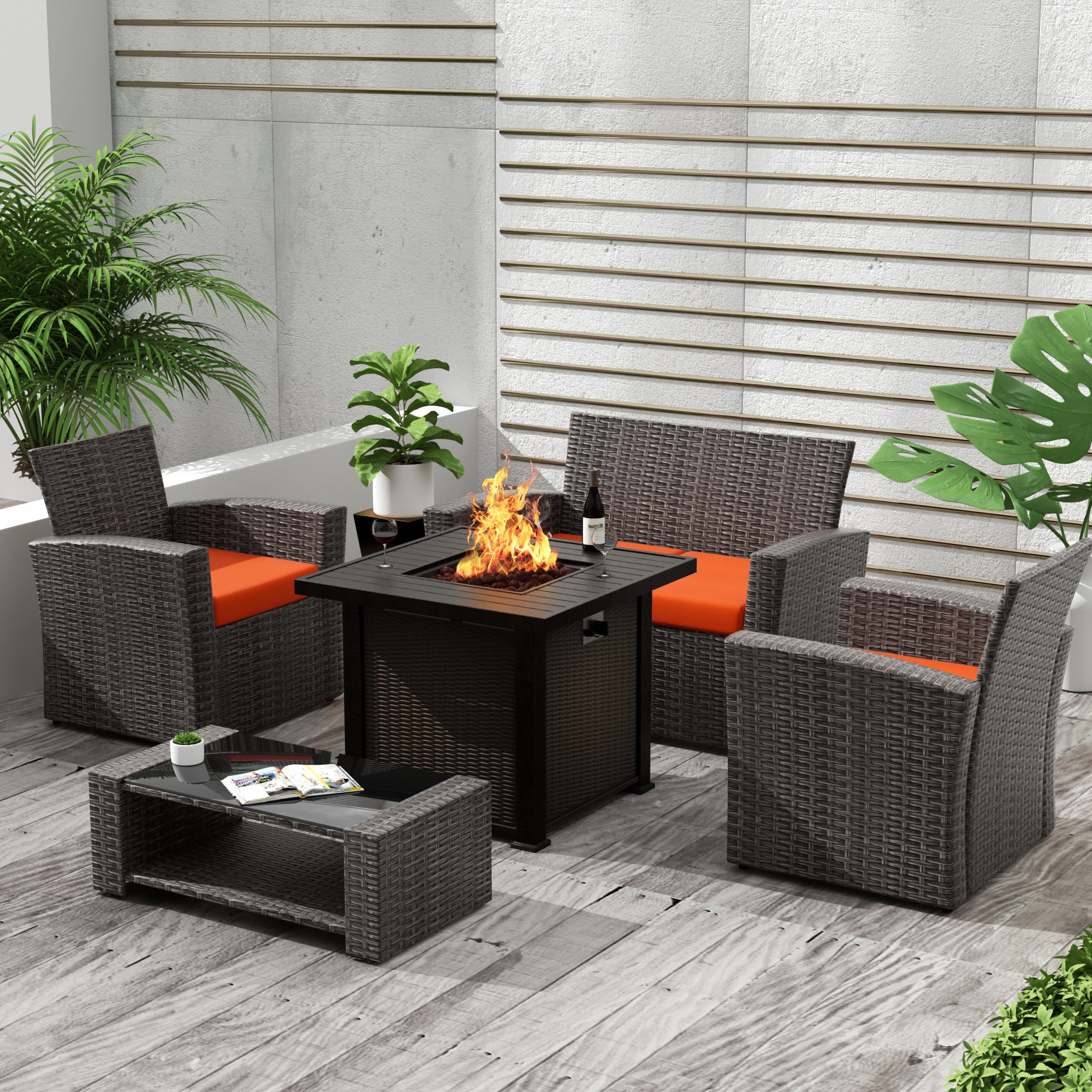Wynston 4-Piece Conversation Outdoor Patio Sofa Set with Square Fire Pit Table, Gray