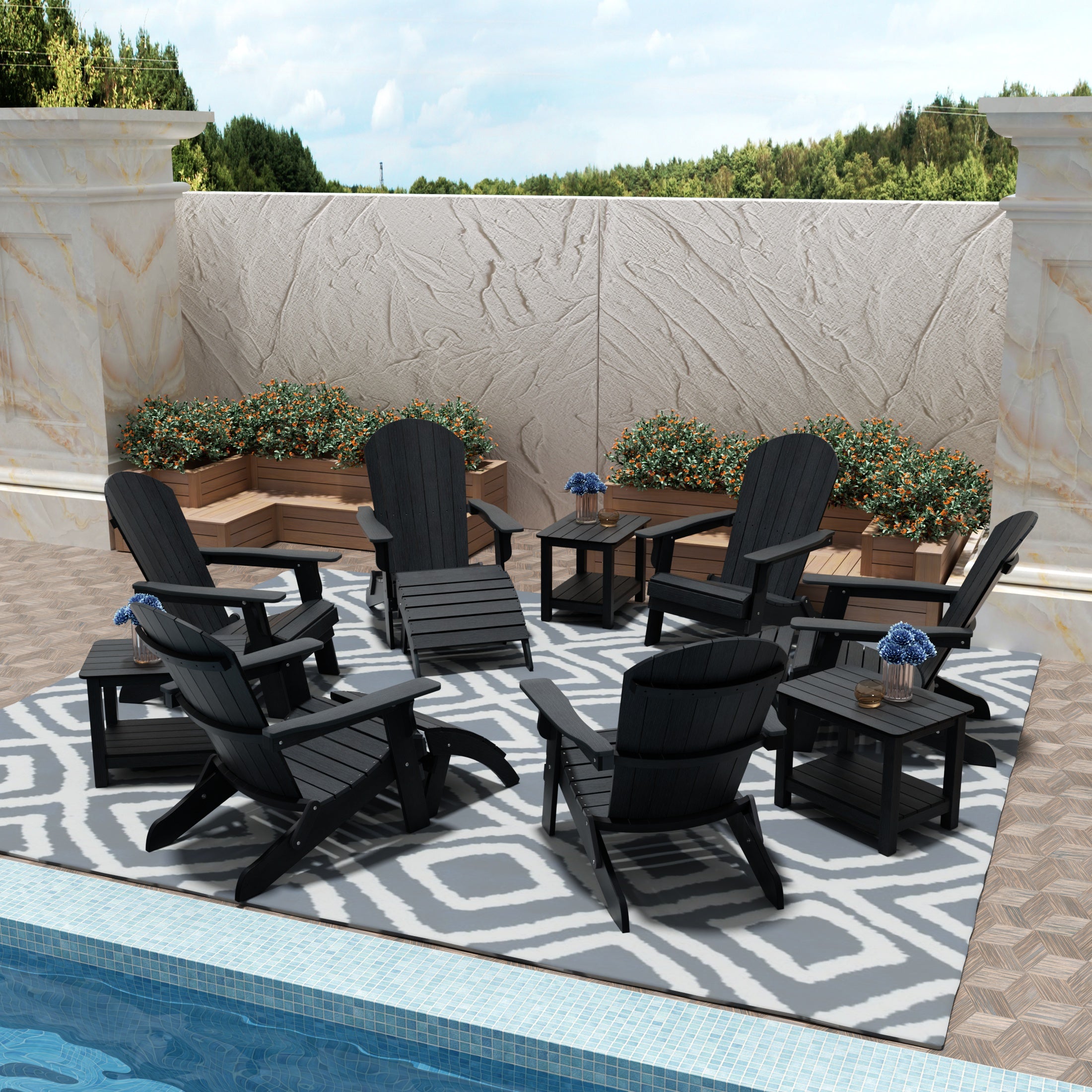 Florence 6 Person Folding Adirondack Seashell With Side Table and Folding Ottoman