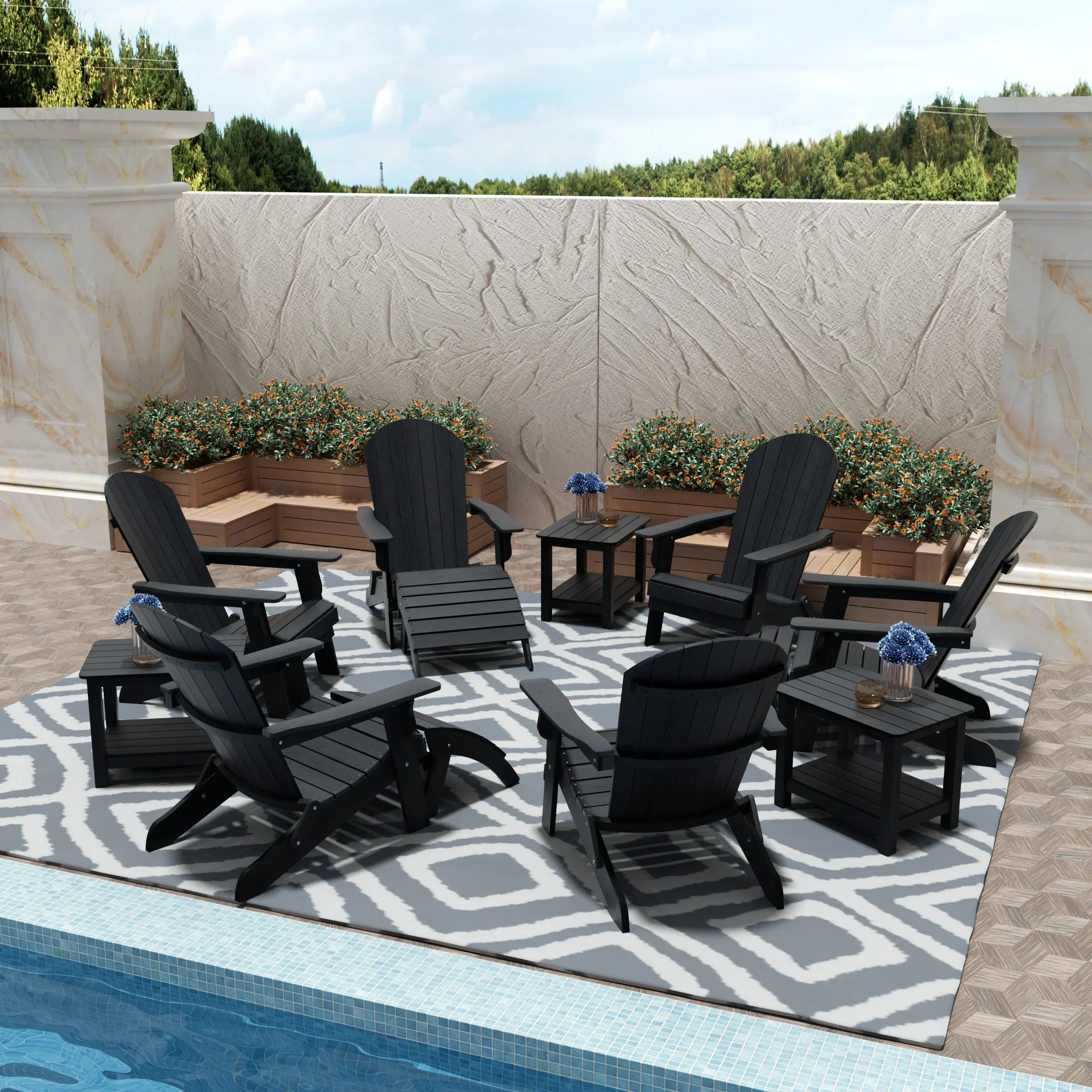 Florence 6 Person Folding Adirondack Seashell With Side Table and Folding Ottoman
