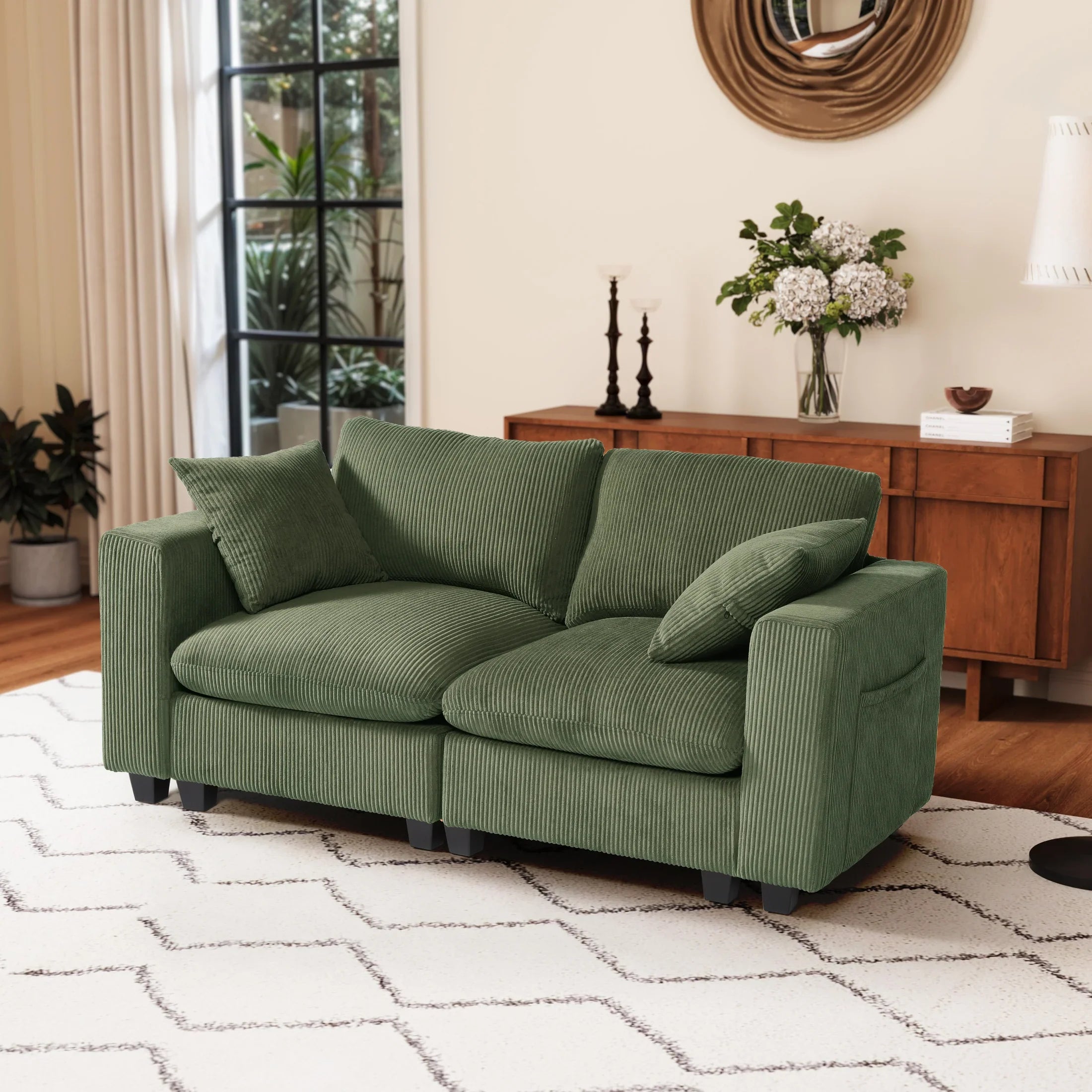 Ava 70" Modular Corduroy Loveseat Sofa With USB/Type-C Ports and Side Pockets