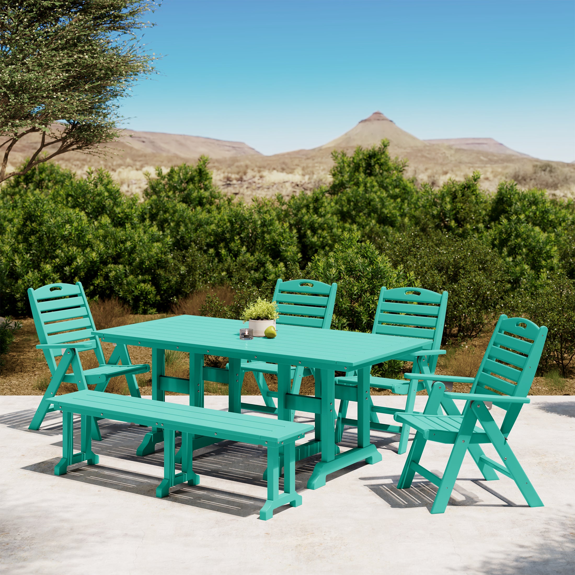 Paradise 6-Piece HDPE Rectangular Patio Dining Table Set with Foldable Chairs and Patio Bench